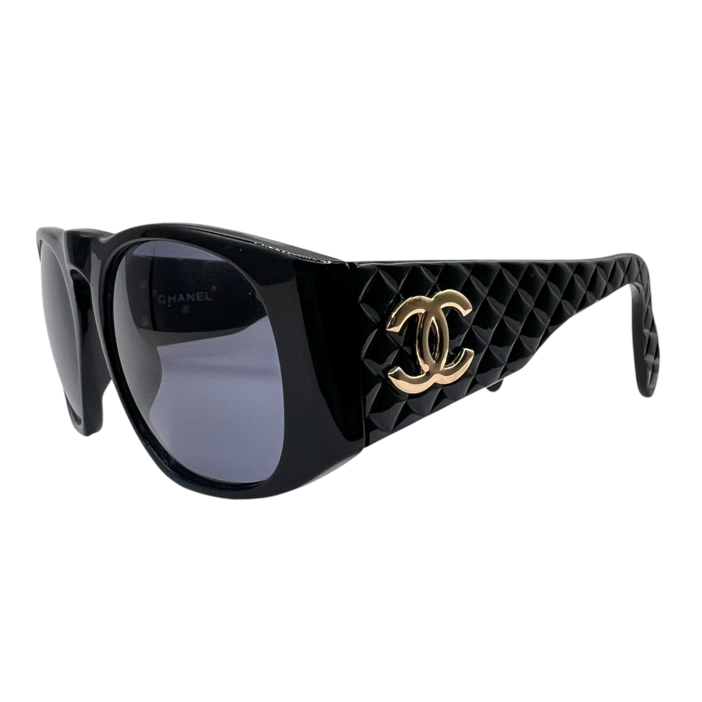 Chanel 01450 90's Black & Gold Matelasse Round Sunglasses w/ Case