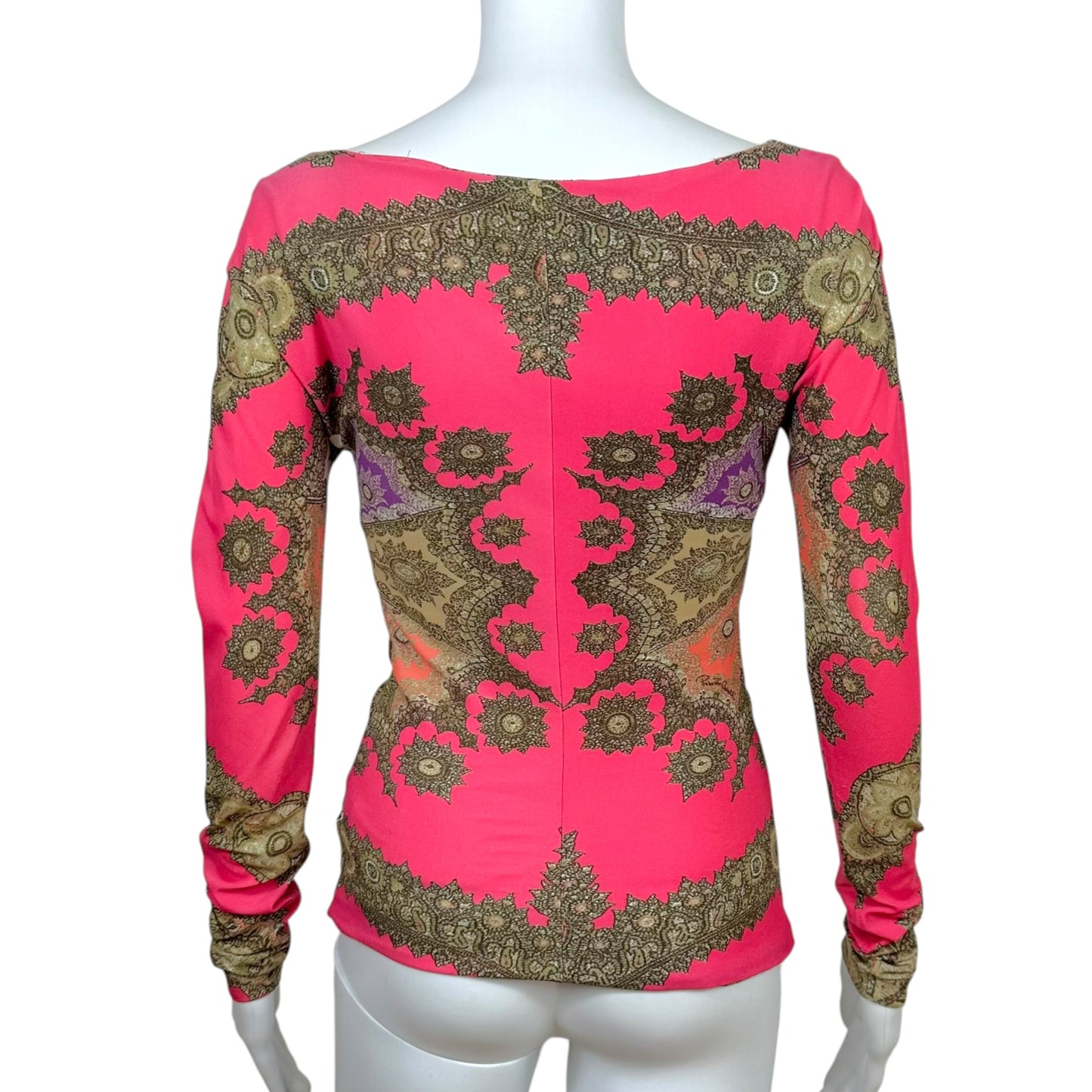 Roberto Cavalli 2004 Pink Paisley Print Silk & Leather Lace-Up Top