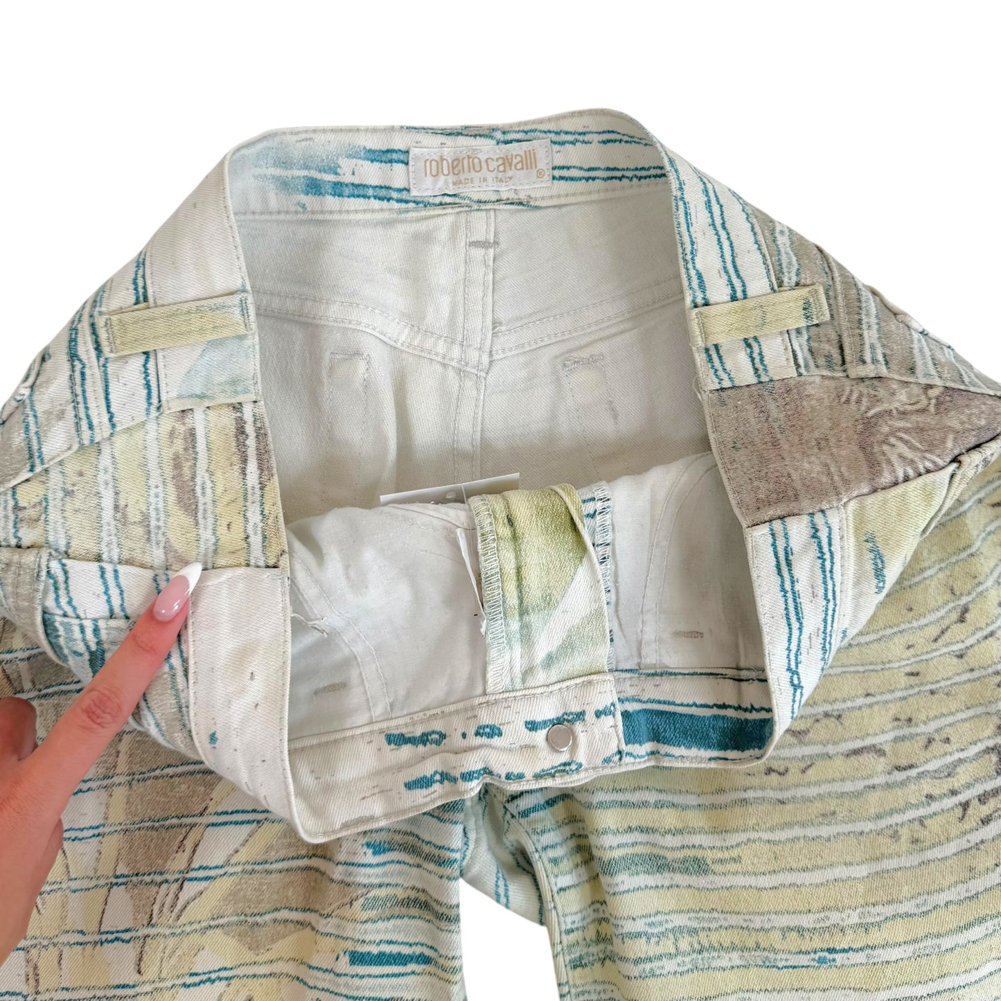 Roberto Cavalli Blue & Green Stripe Printed Denim Capri Pants