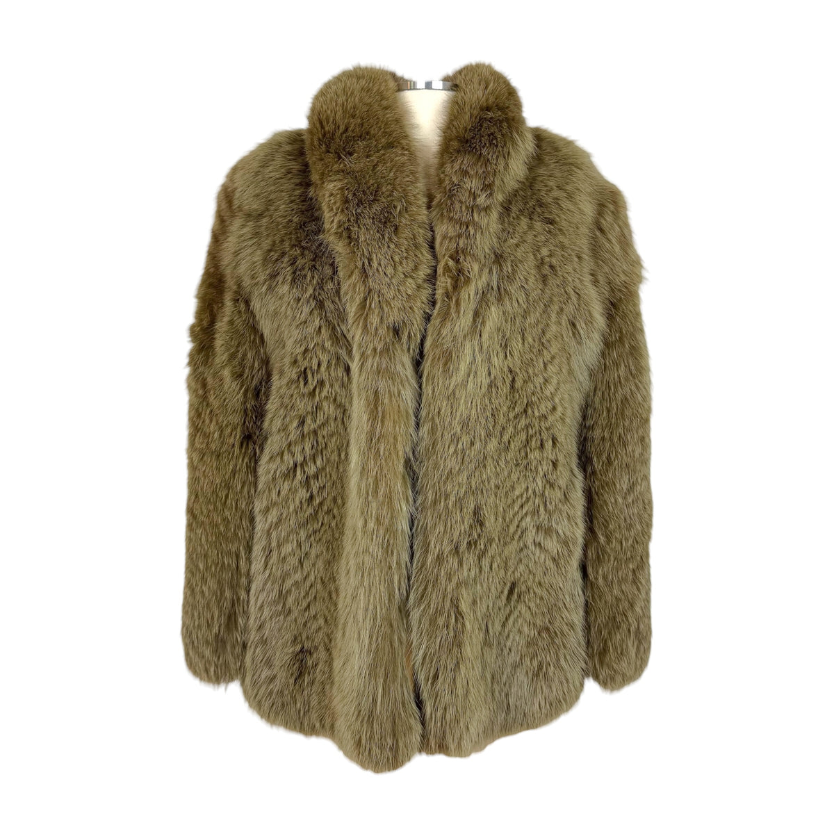 Vintage Fox Fur Coat Khaki Green Open Front 1990s