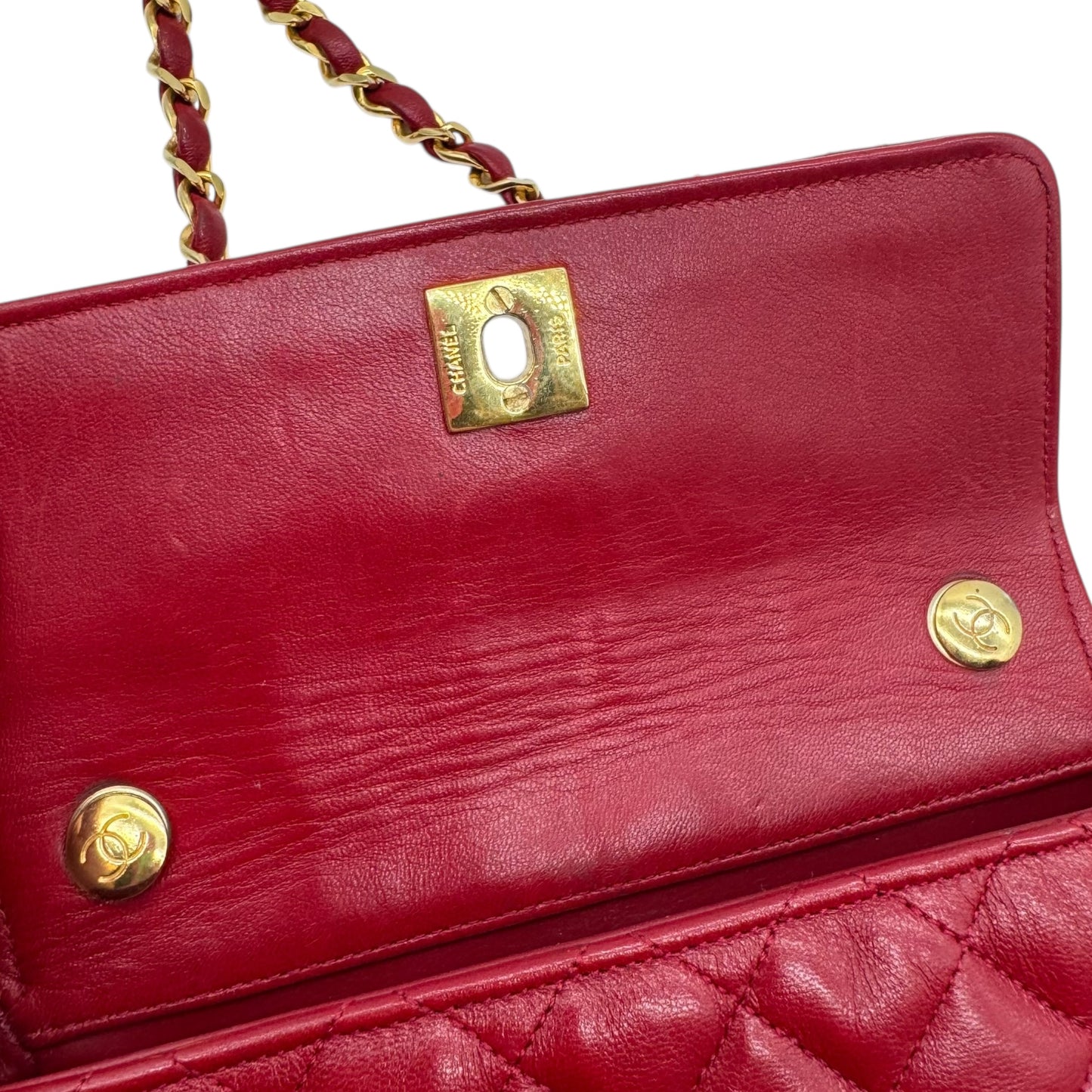 Chanel 90's Red Leather & Gold Hardware Mini Crossbody Flap Bag - Outfit Repeater