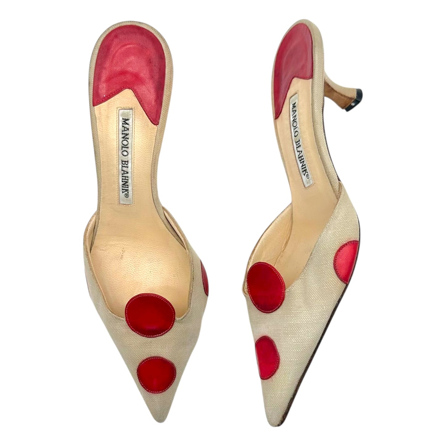 Manolo Blahnik Ivory & Red Polka Dot Kitten Heel Mules - Outfit Repeater