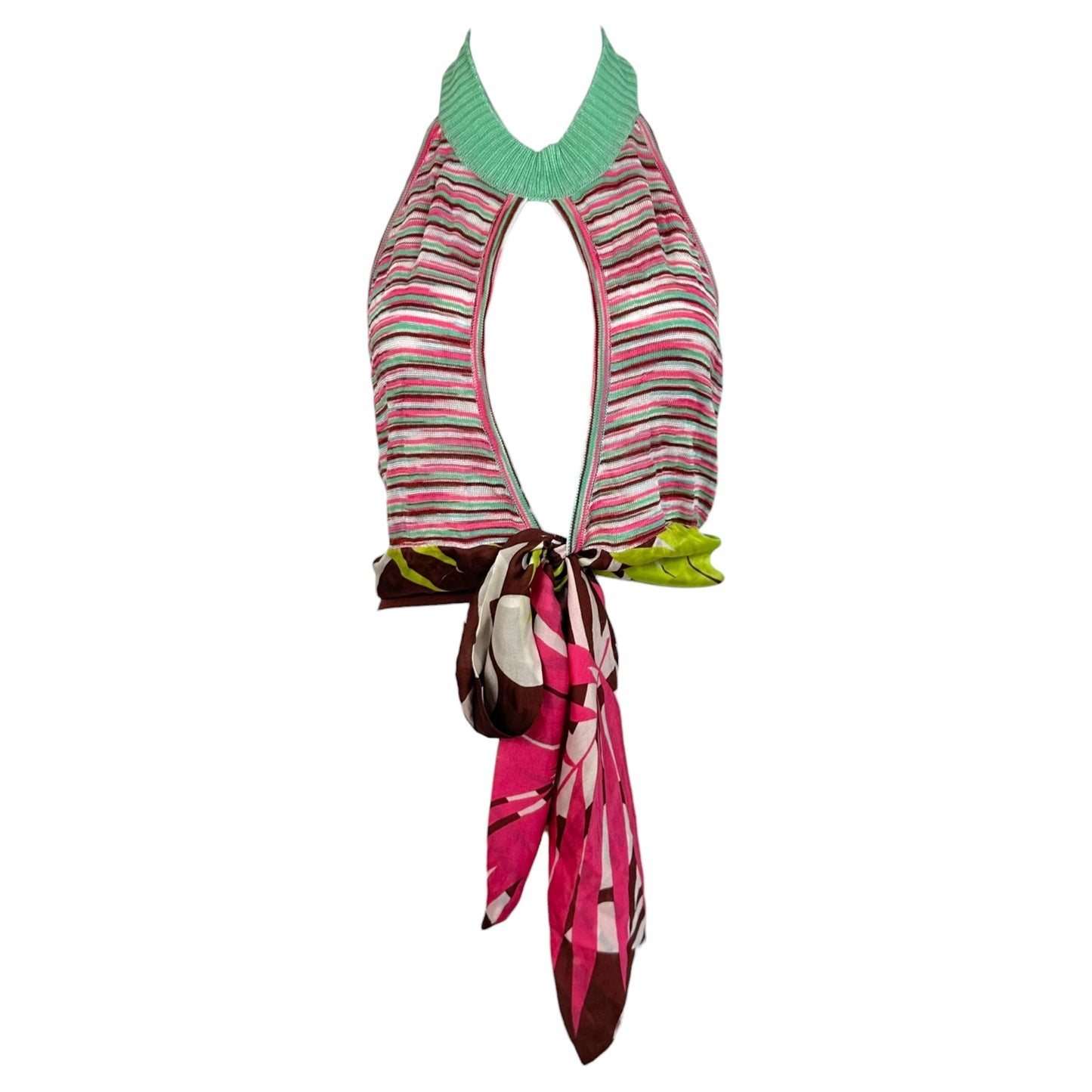 M Missoni Multicolor Mixed Print Silk & Knit Wrap Cropped Halter Top