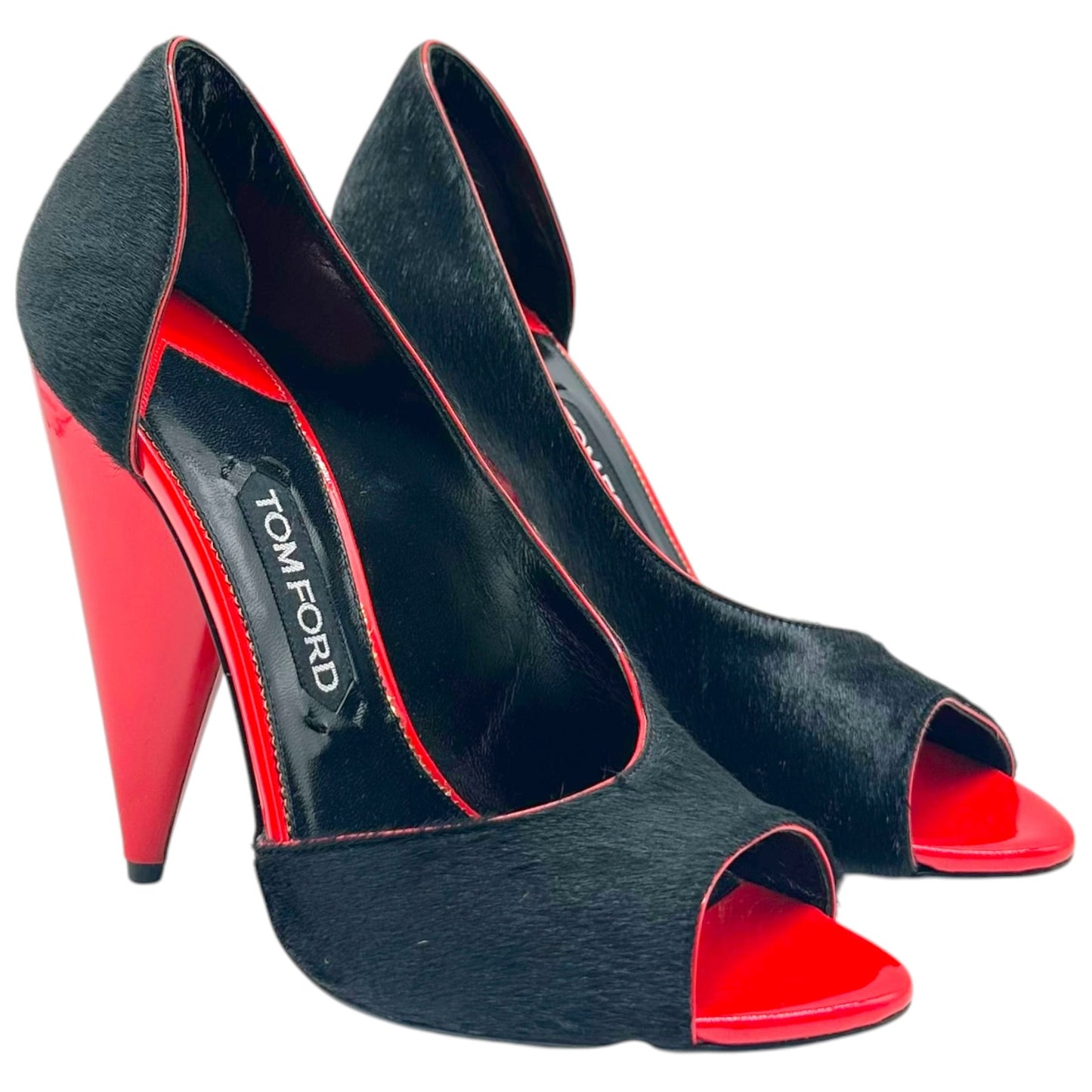 Tom Ford Black Ponyhair & Red Leather D'Orsay Peep-Toe Heels