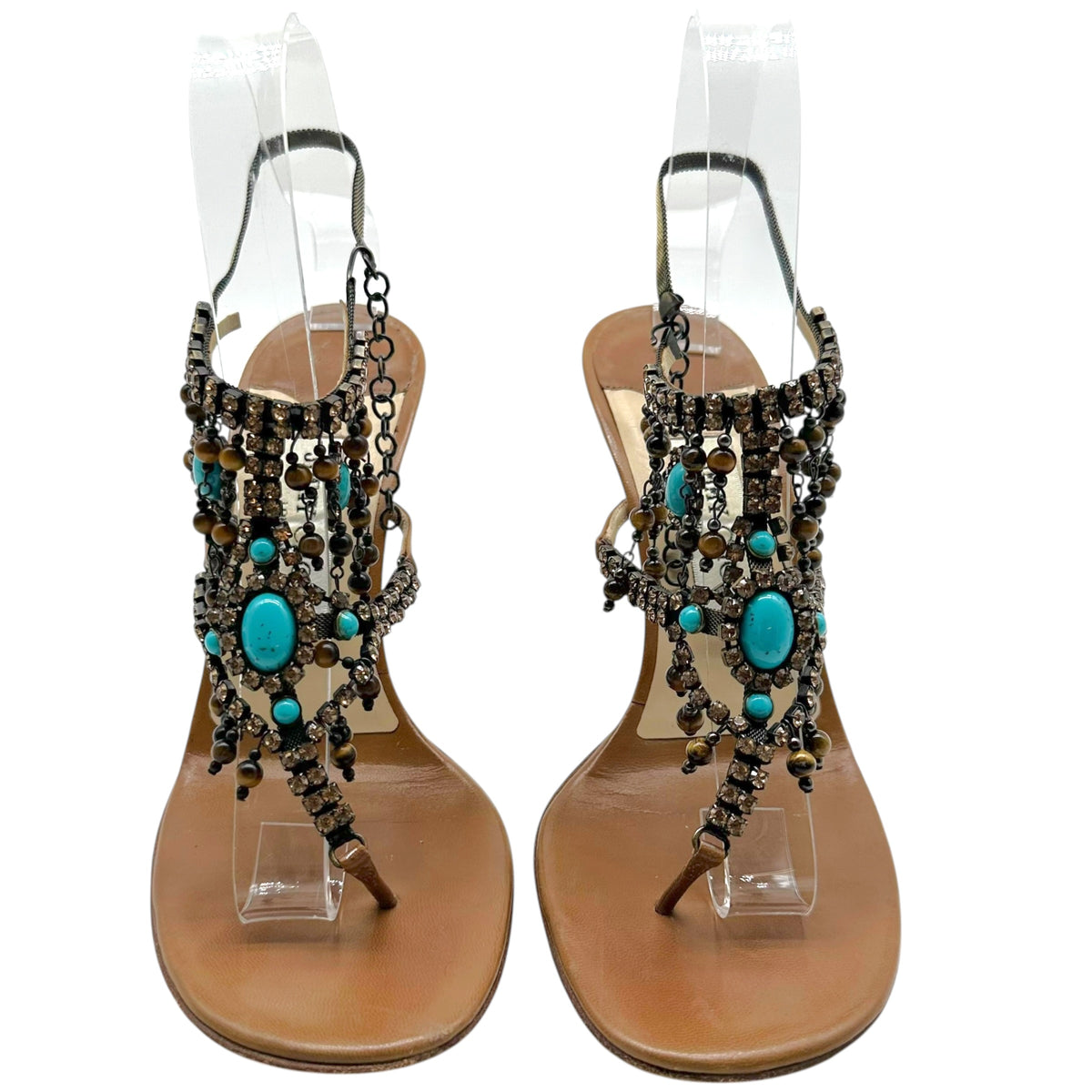 Jimmy Choo Thong Sandal Heels Turquoise Crystal Embellished