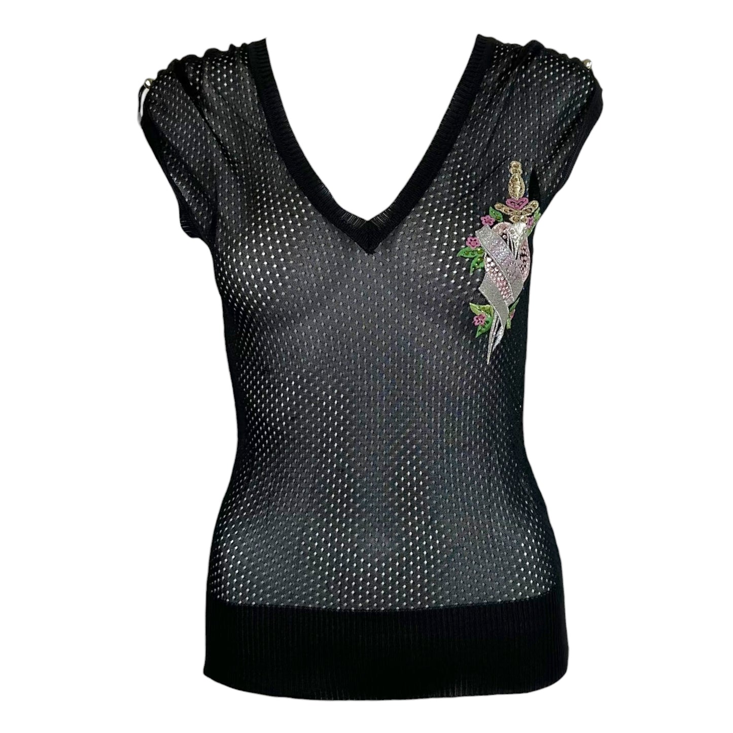 Christian Dior Black Knit Semi-Sheer Top with Rhinestones