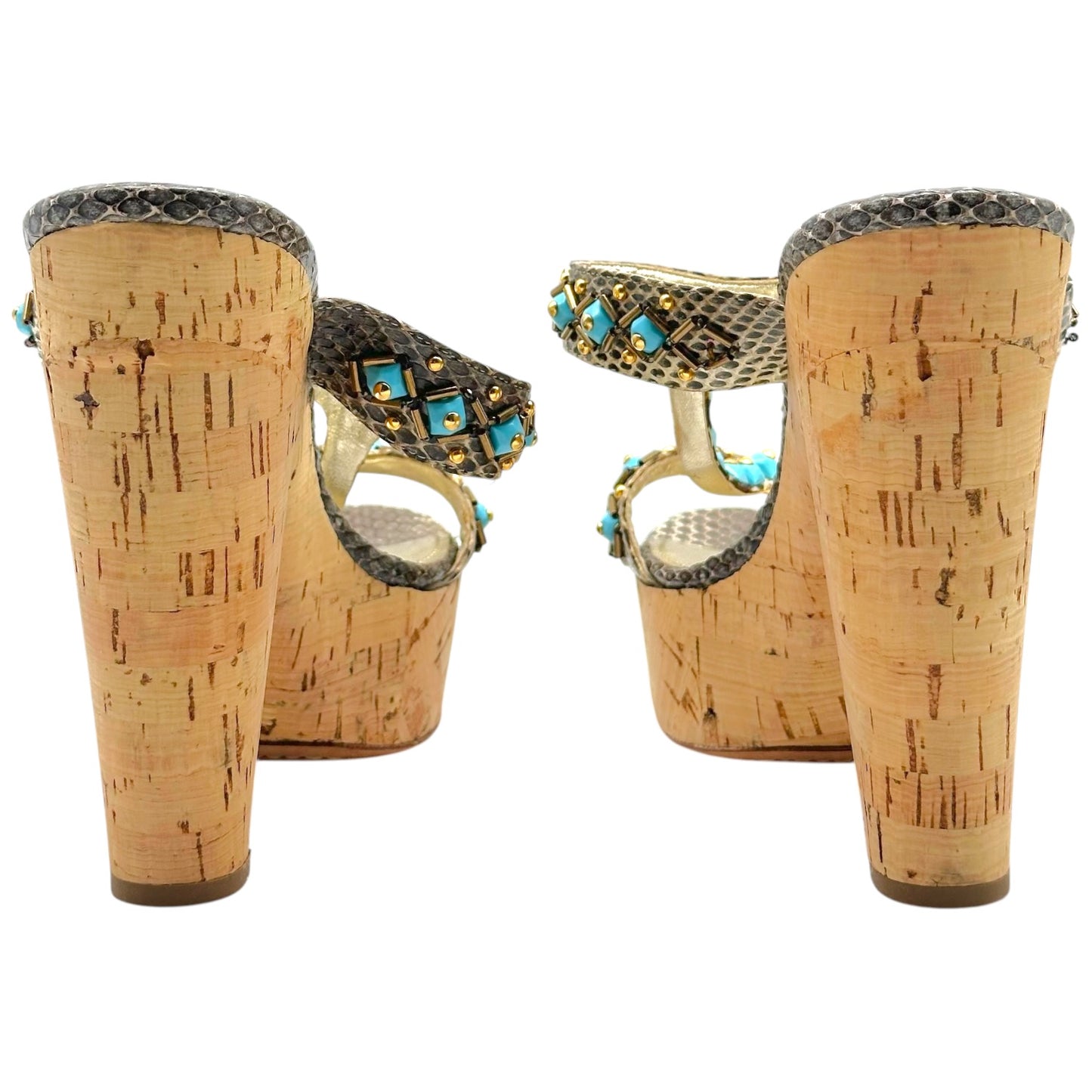 Prada Turquoise Beaded Snakeskin Cork Platform Sandal Heels