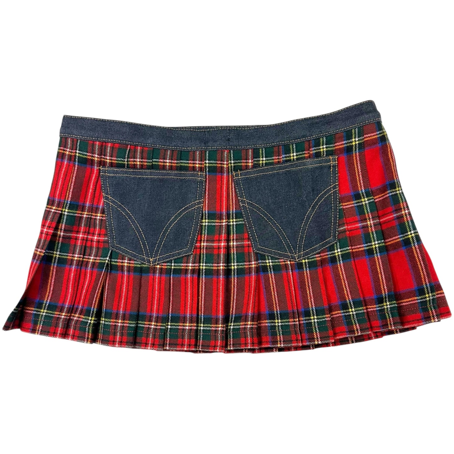 D&G Dolce & Gabbana Red Wool Plaid & Denim Pleated Micro Mini SKirt
