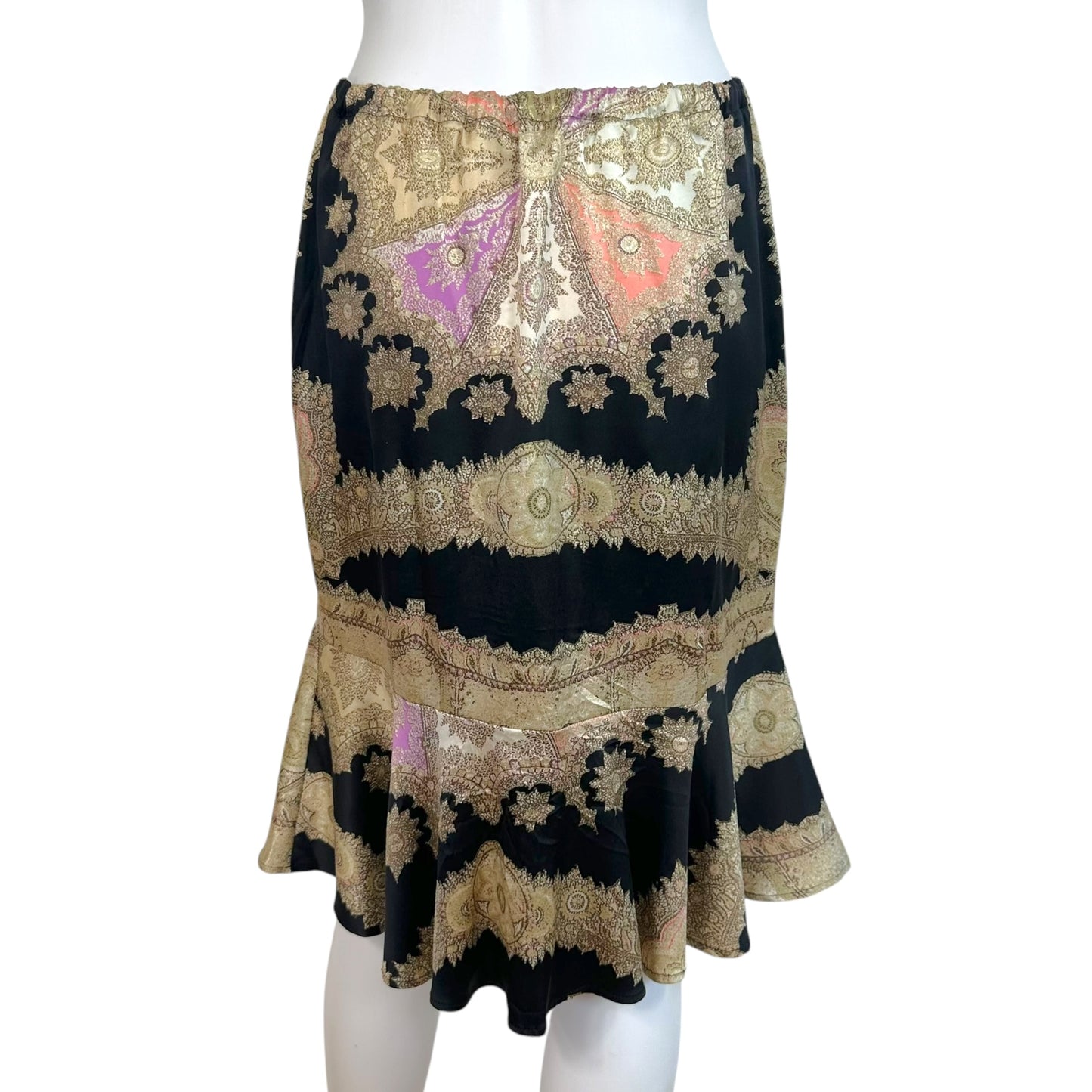 Roberto Cavalli 2004 Gold & Black Multi Metallic Print Silk Midi Skirt