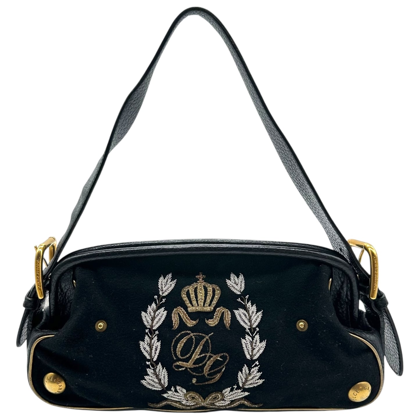 Dolce & Gabbana Black Embroidered Logo Emblem Shoulder Bag