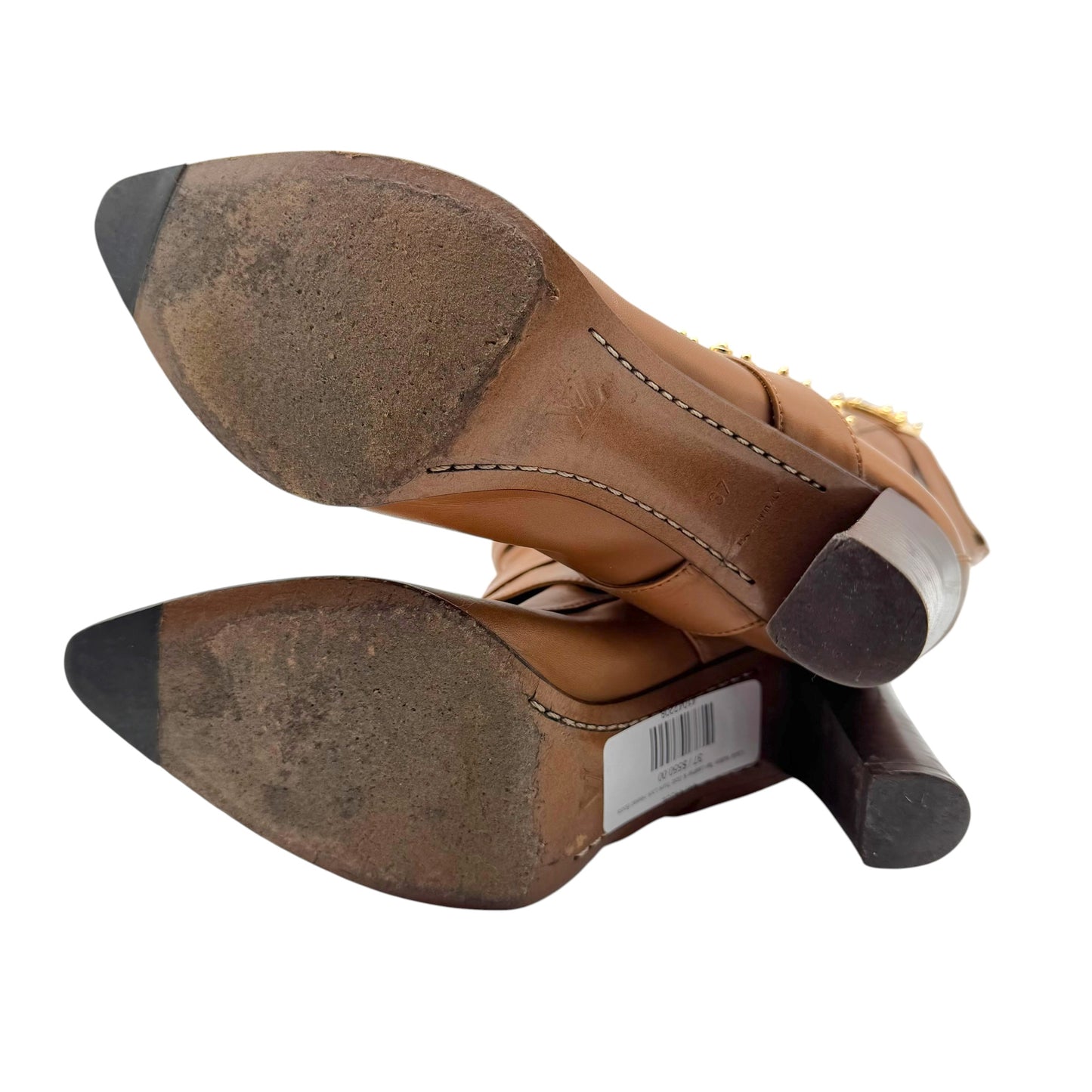Louis Vuitton Tan Leather & Gold Trunk Lock Heeled Boots