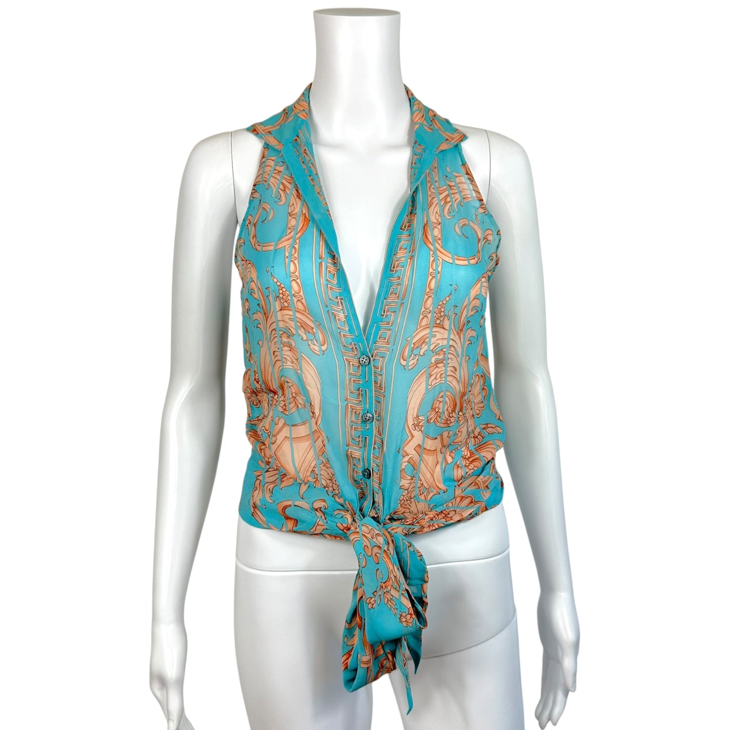 Gianni Versace Turquoise & Beige Damask Print Tie Front Sheer Silk Sleeveless Blouse
