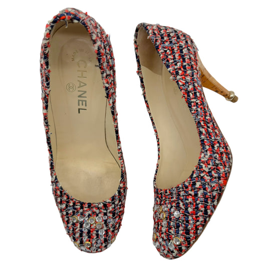 Chanel Red Blue Tweed Rhinestone CC Logo Heels
