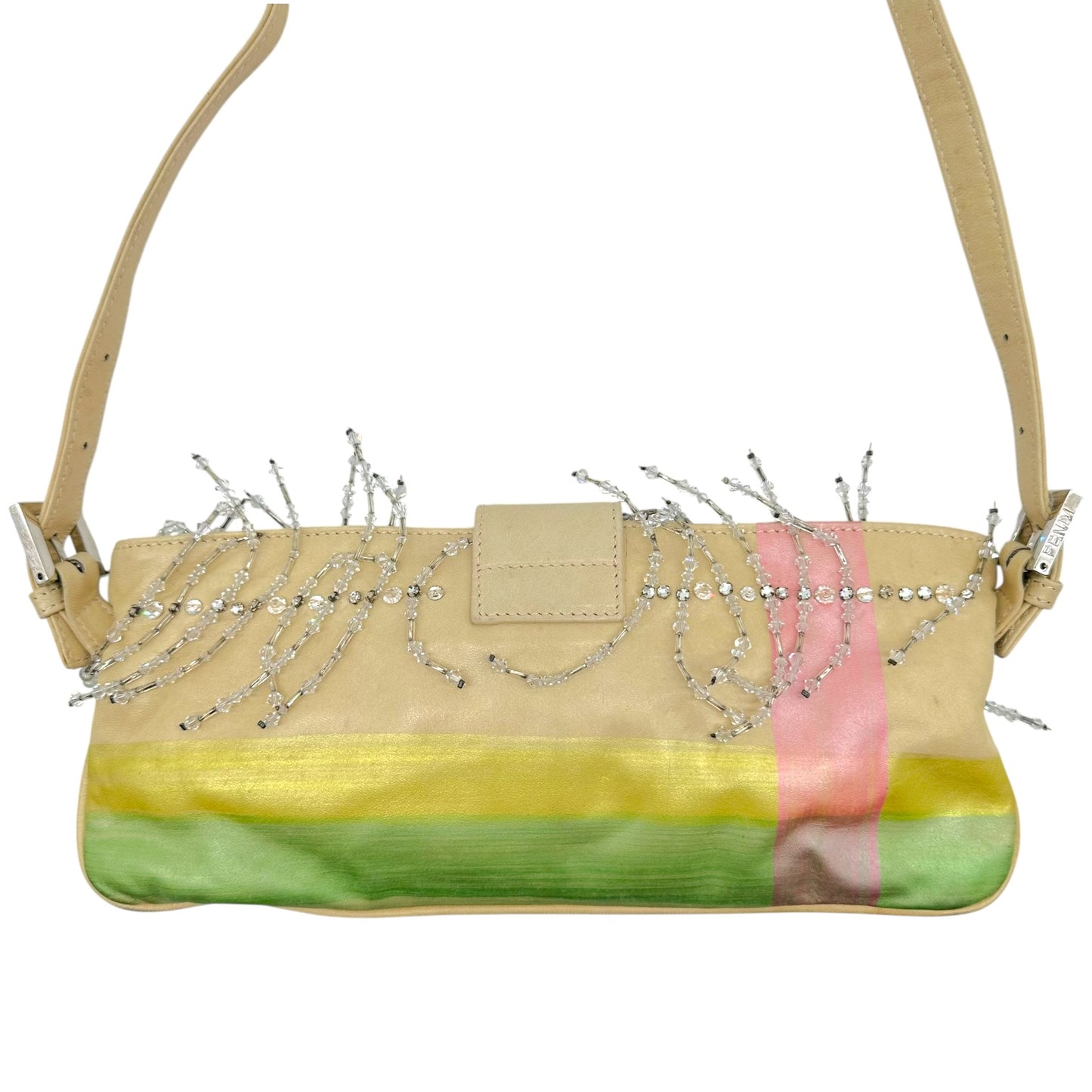 Fendi Pastel Painted Leather & Beaded Rhinestone Embellished Crossbody Baguette Bag