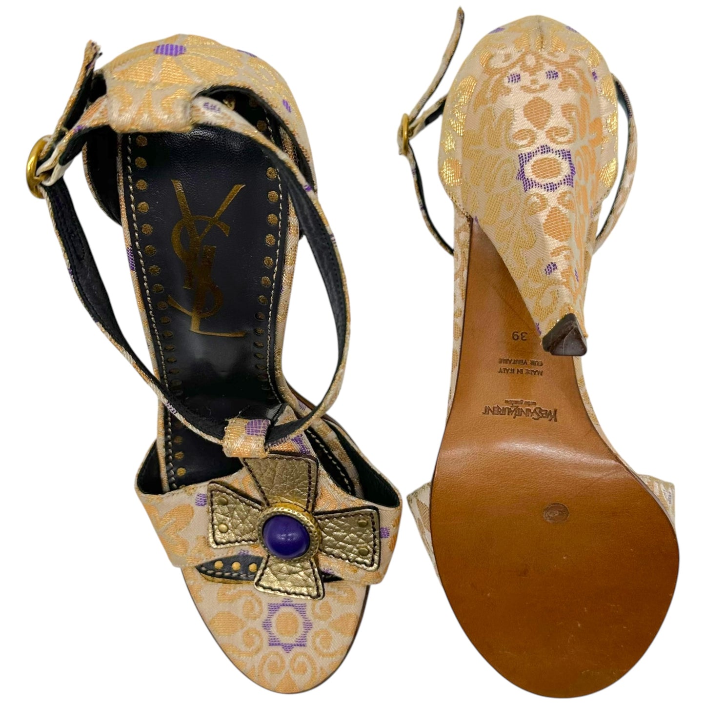 Yves Saint Laurent by Tom Ford Metallic Gold Damask & Purple Cross Heels