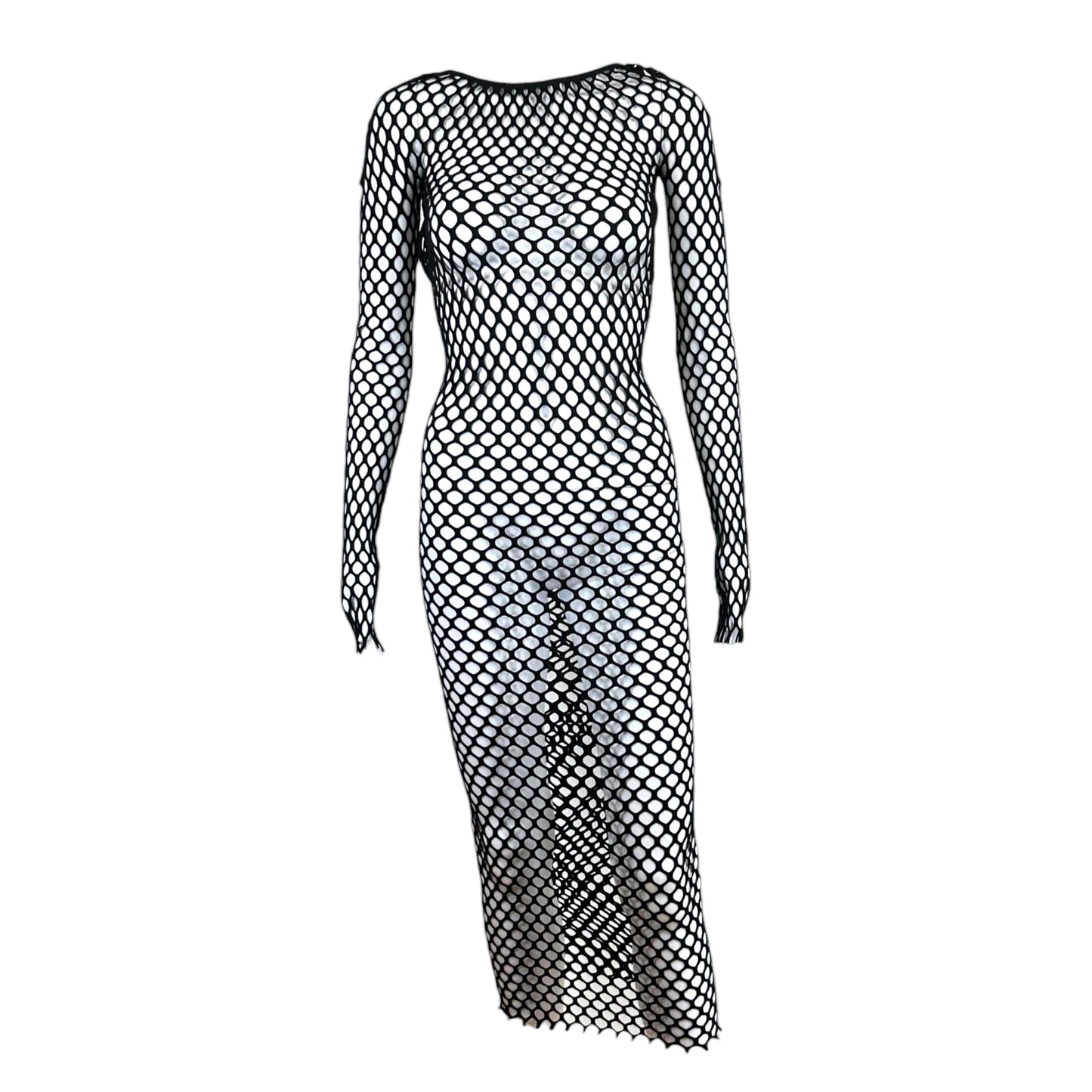 Roberto Cavalli Black Fishnet Long Sleeve Open Back Maxi Dress Cover-Up NEW