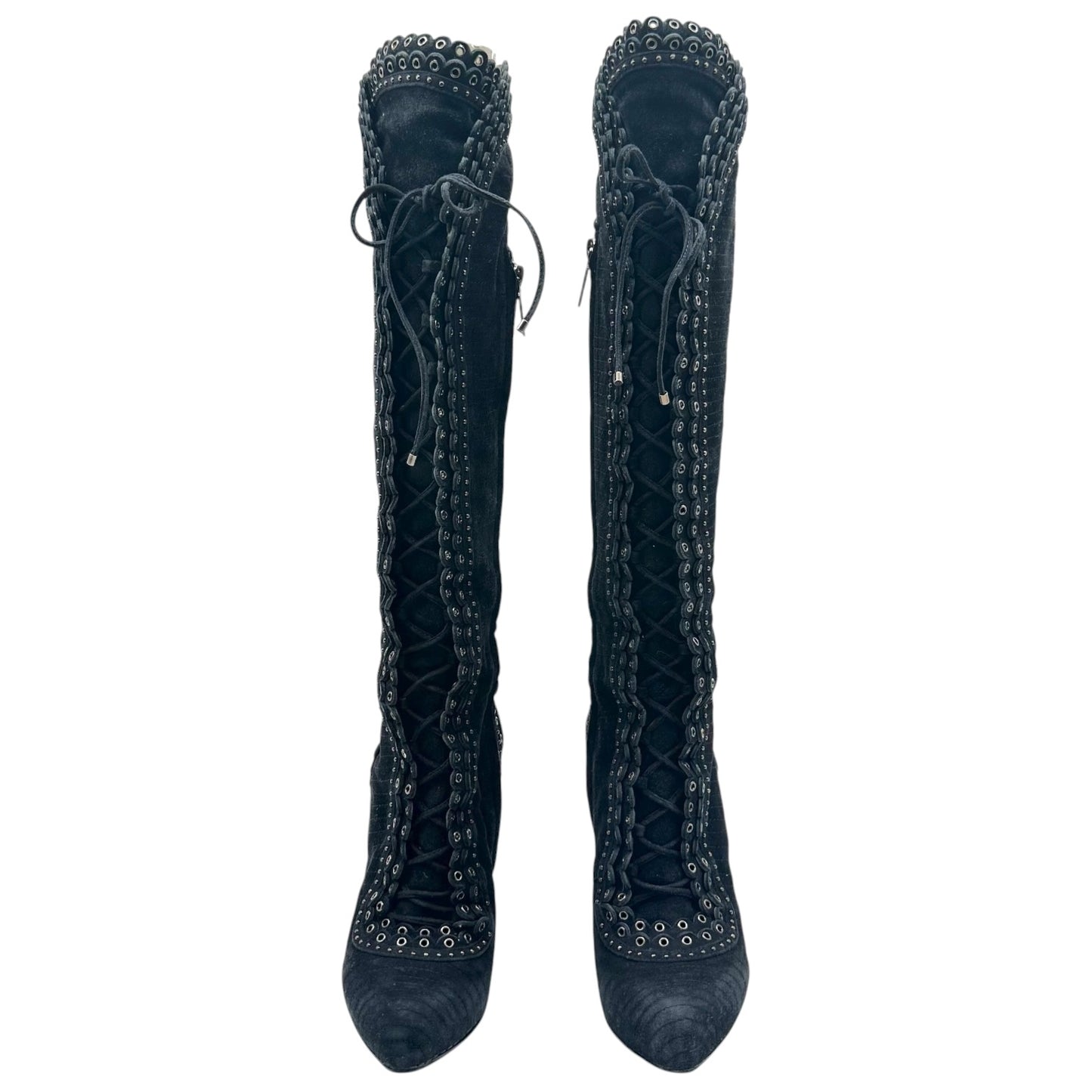 Christian Dior F/W 2011 Black Suede & Silver Rivet Lace Up Knee High Heeled Boots