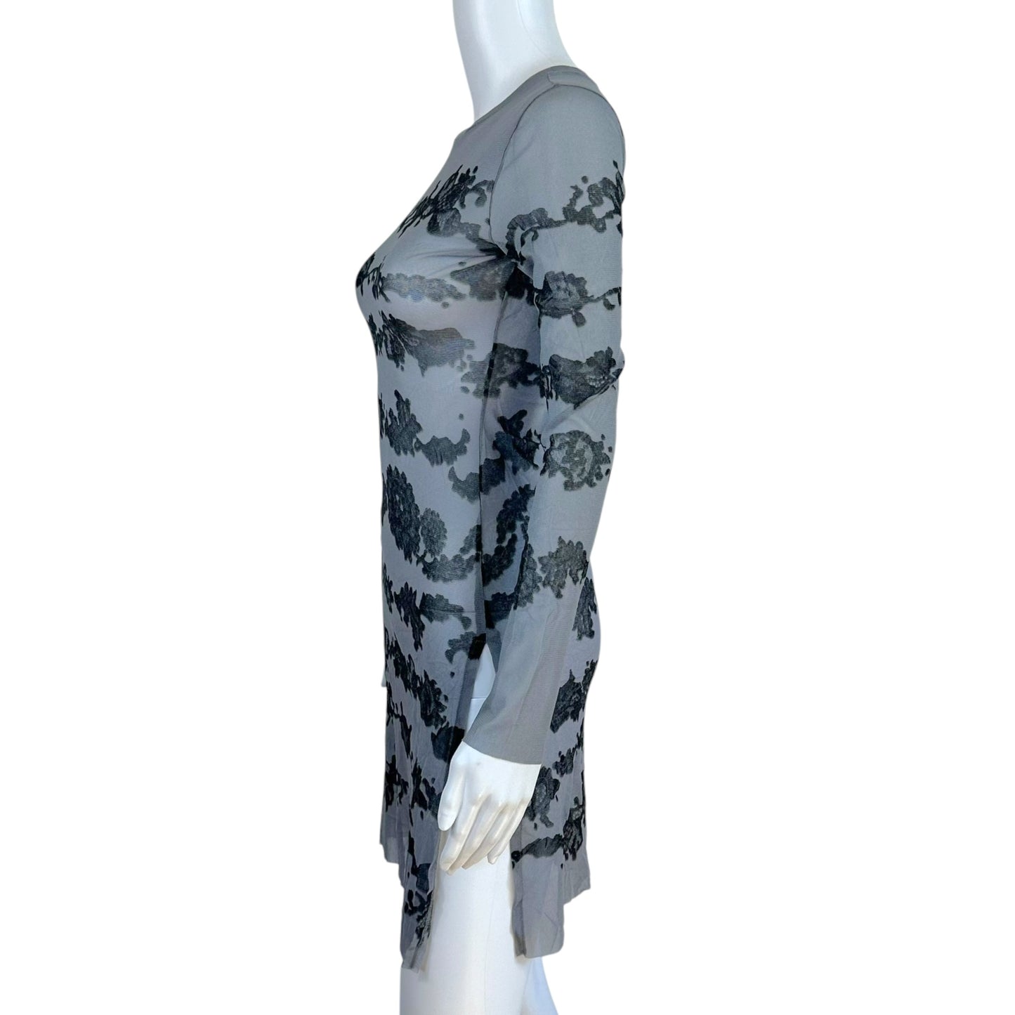 Jean Paul Gaultier Black & Gray Lace Print Mesh Longsleeve Side Slit Mini Dress