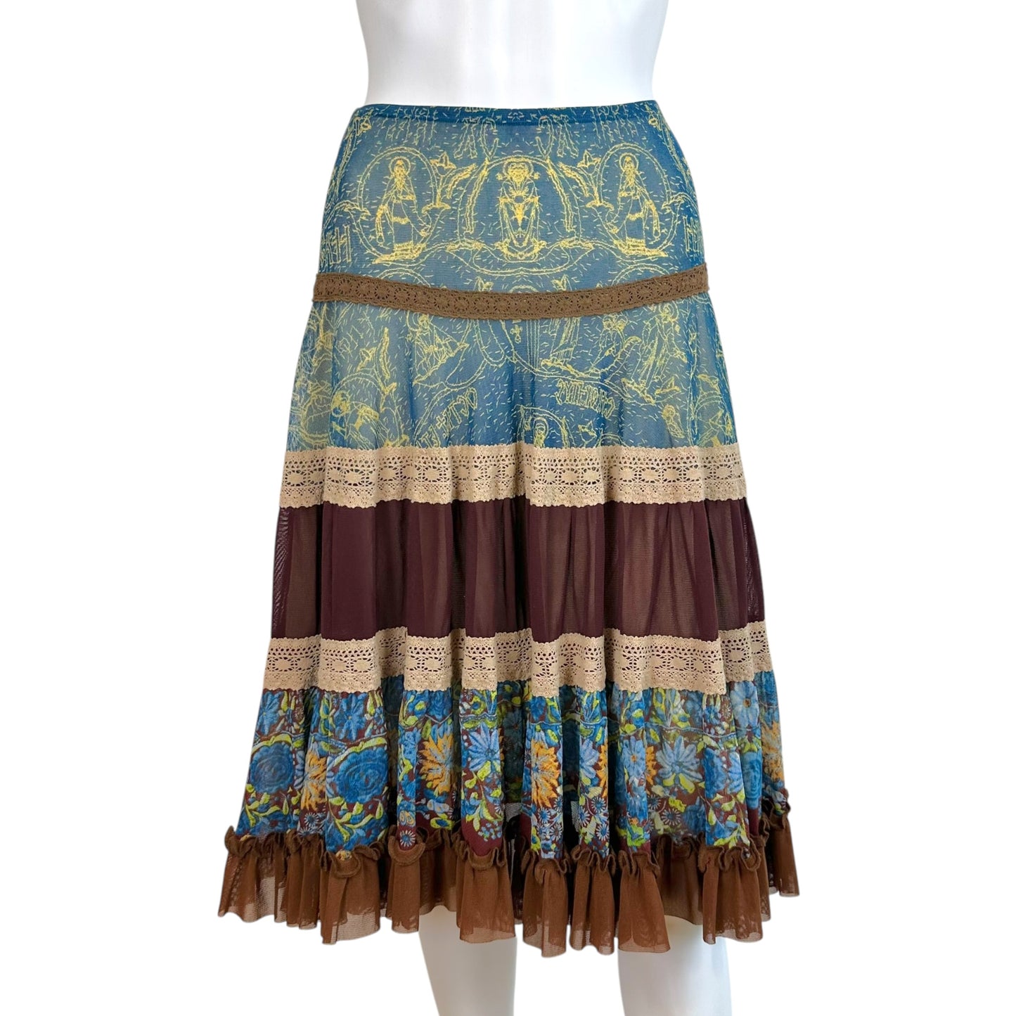 Jean Paul Gaultier Tiered Multi-Print Mesh Midi Skirt