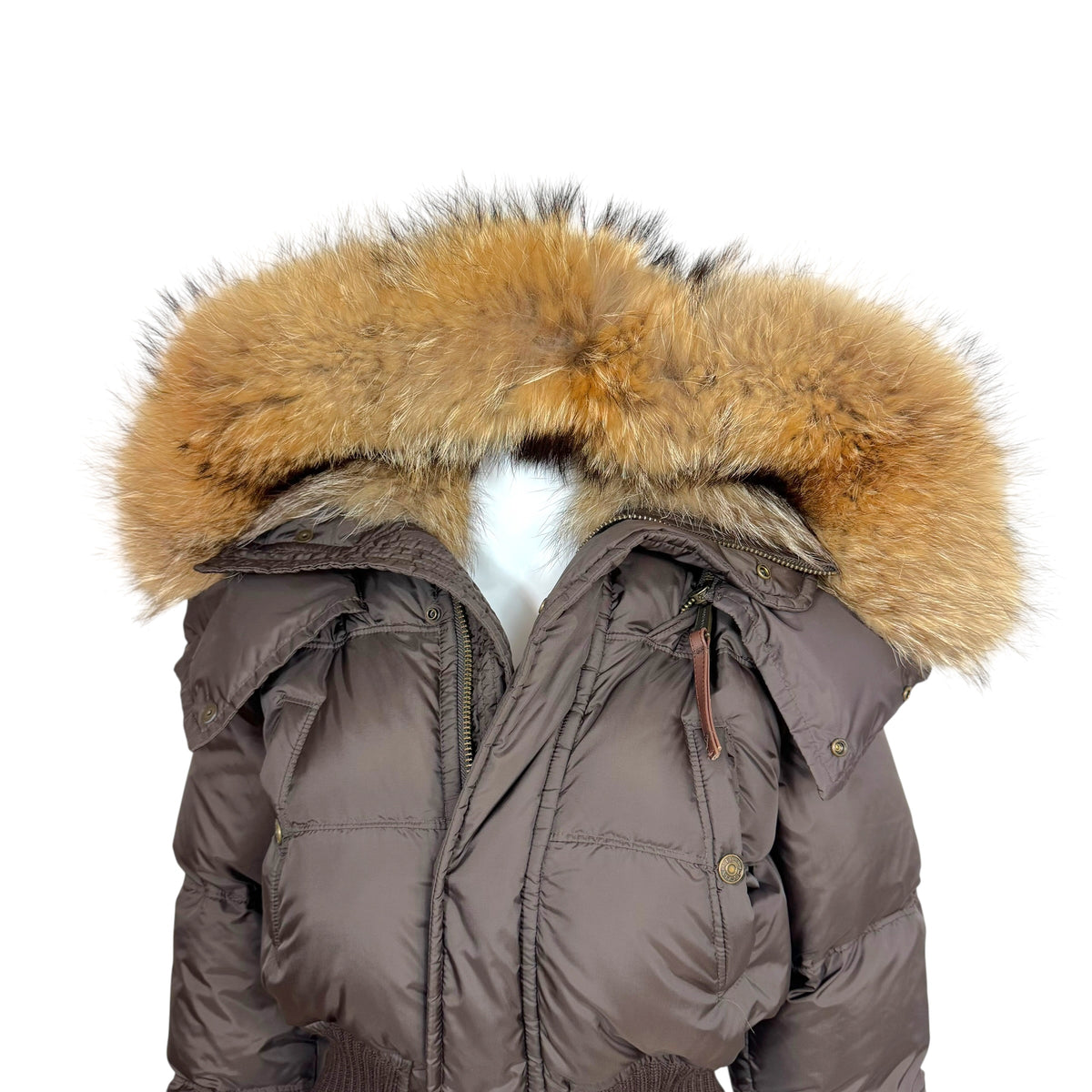 Dsquared2 Brown Fox Fur Trim Hood Cropped Down Fill Puffer Coat
