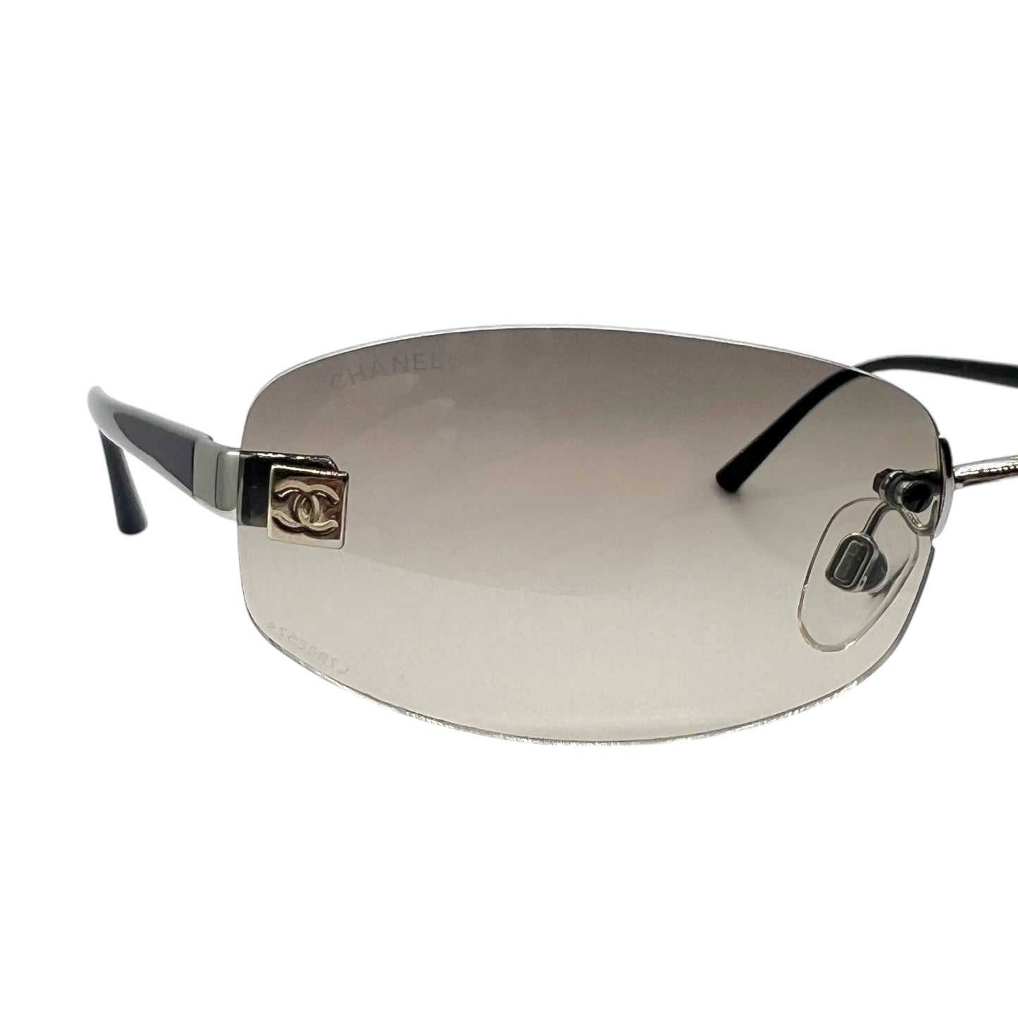 Chanel Gray & Black Logo Lens Rimless Oval Sunglasses 4067