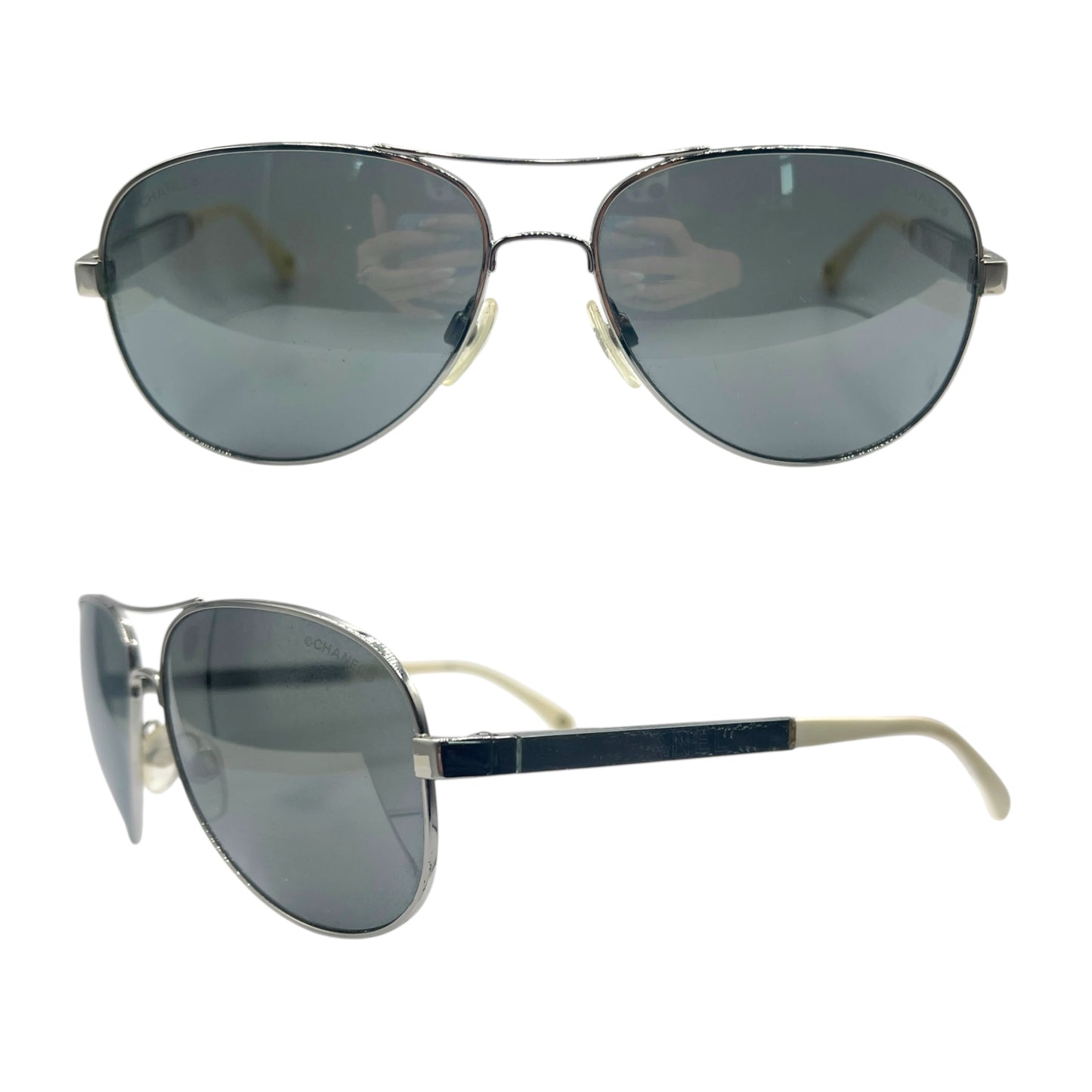 Chanel Silver Mirrored Aviator Sunglasses w/ Case