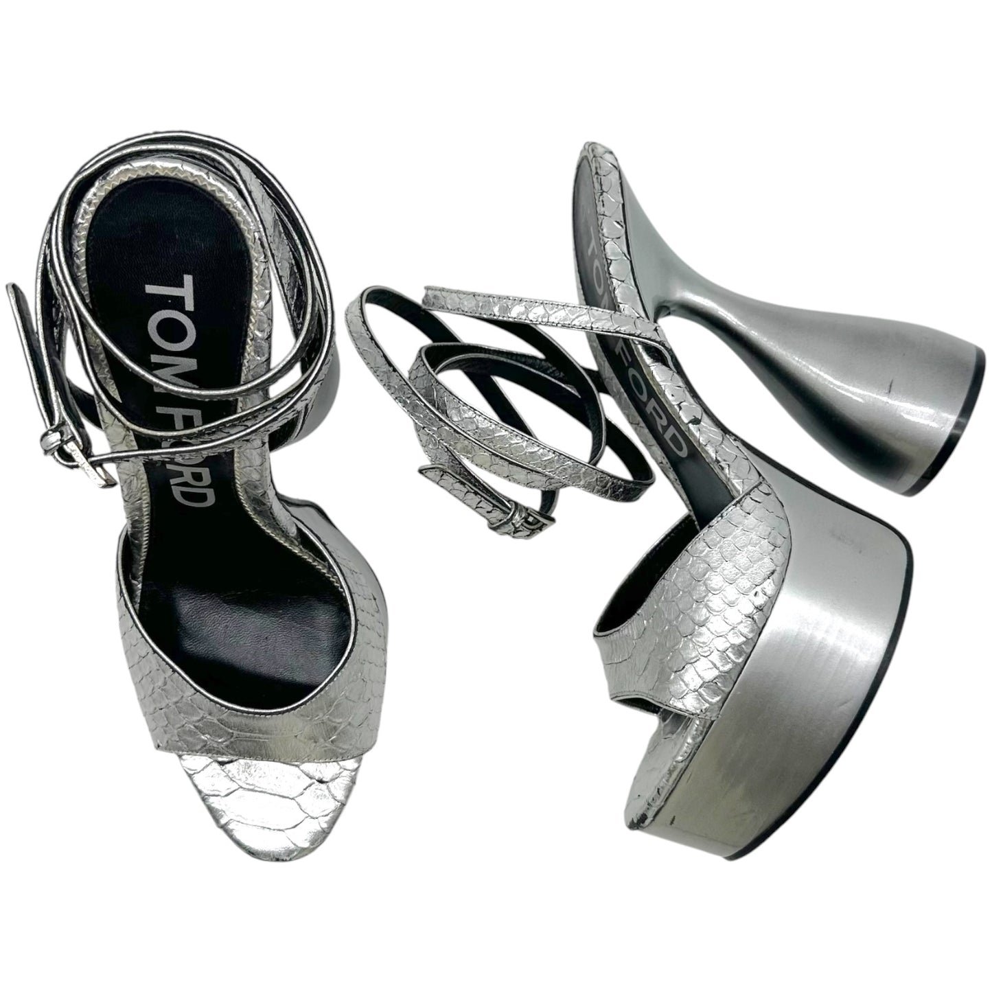 Tom Ford Fall 2020 Silver Snakeskin 'Disco' Chunky Heel Platform Sandal Heels