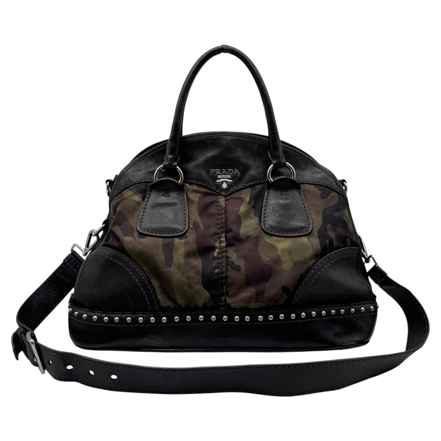 Prada Camouflage & Leather Studded 2-Way Hobo Bag - Outfit Repeater