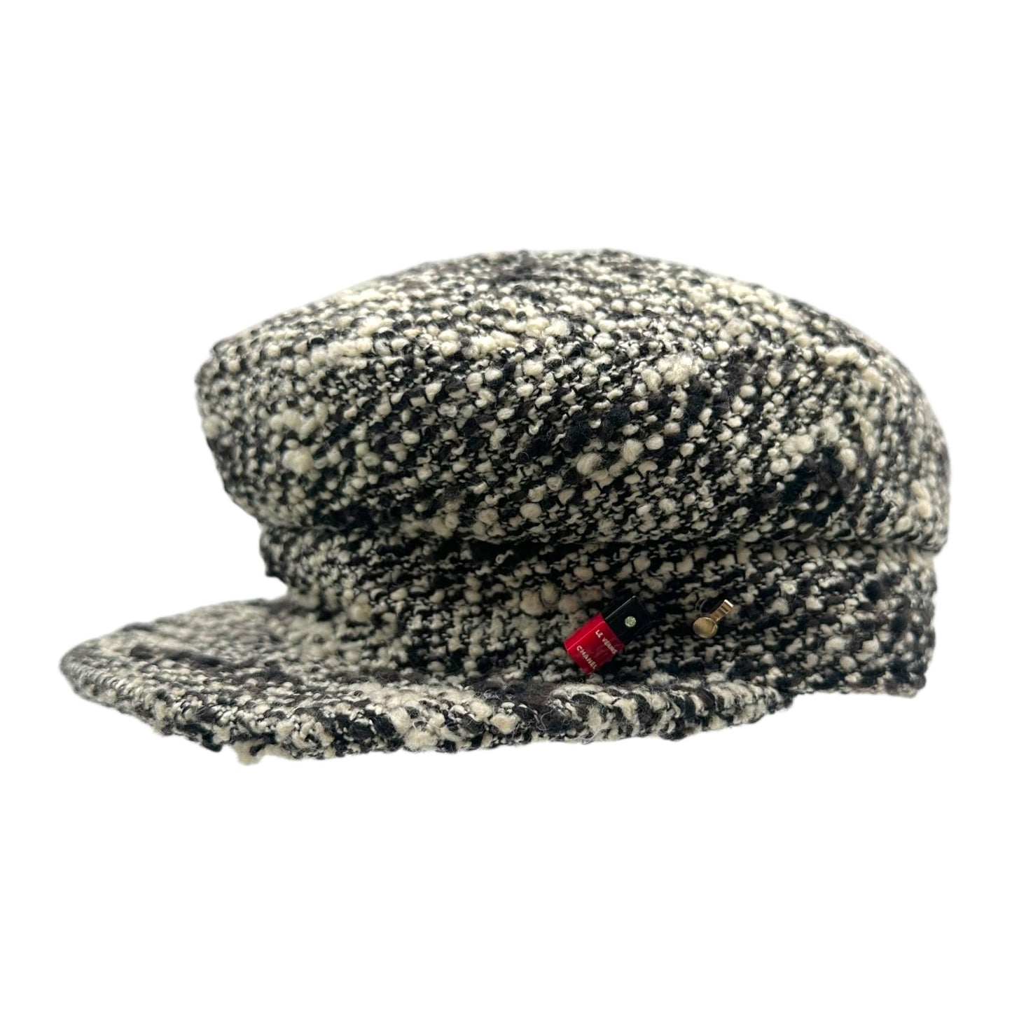 Chanel Black & White Tweed Newsboy Hat w/ Nail Polish Charm