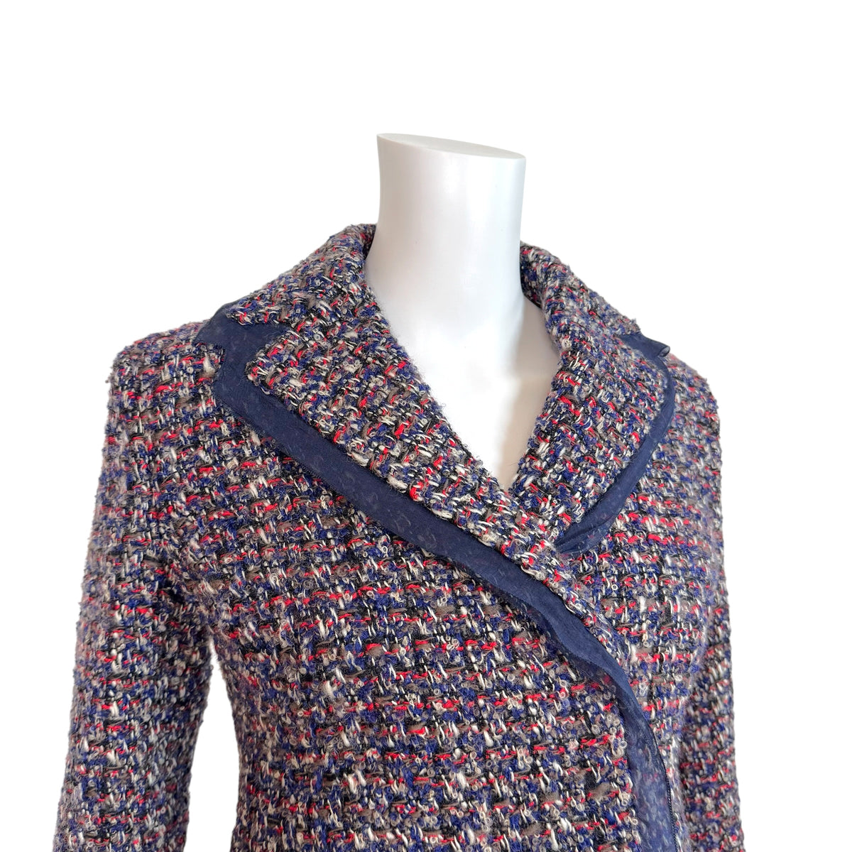 Christian Dior Navy Blue Red Tweed Silk Trim Cropped Jacket