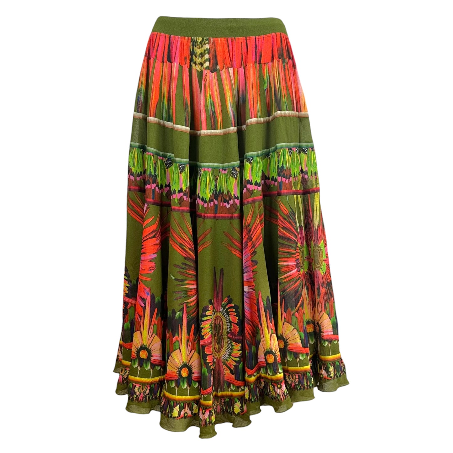 Jean Paul Gaultier Soleil Olive Green Multi Tropical Print Mesh Tiered Maxi Skirt