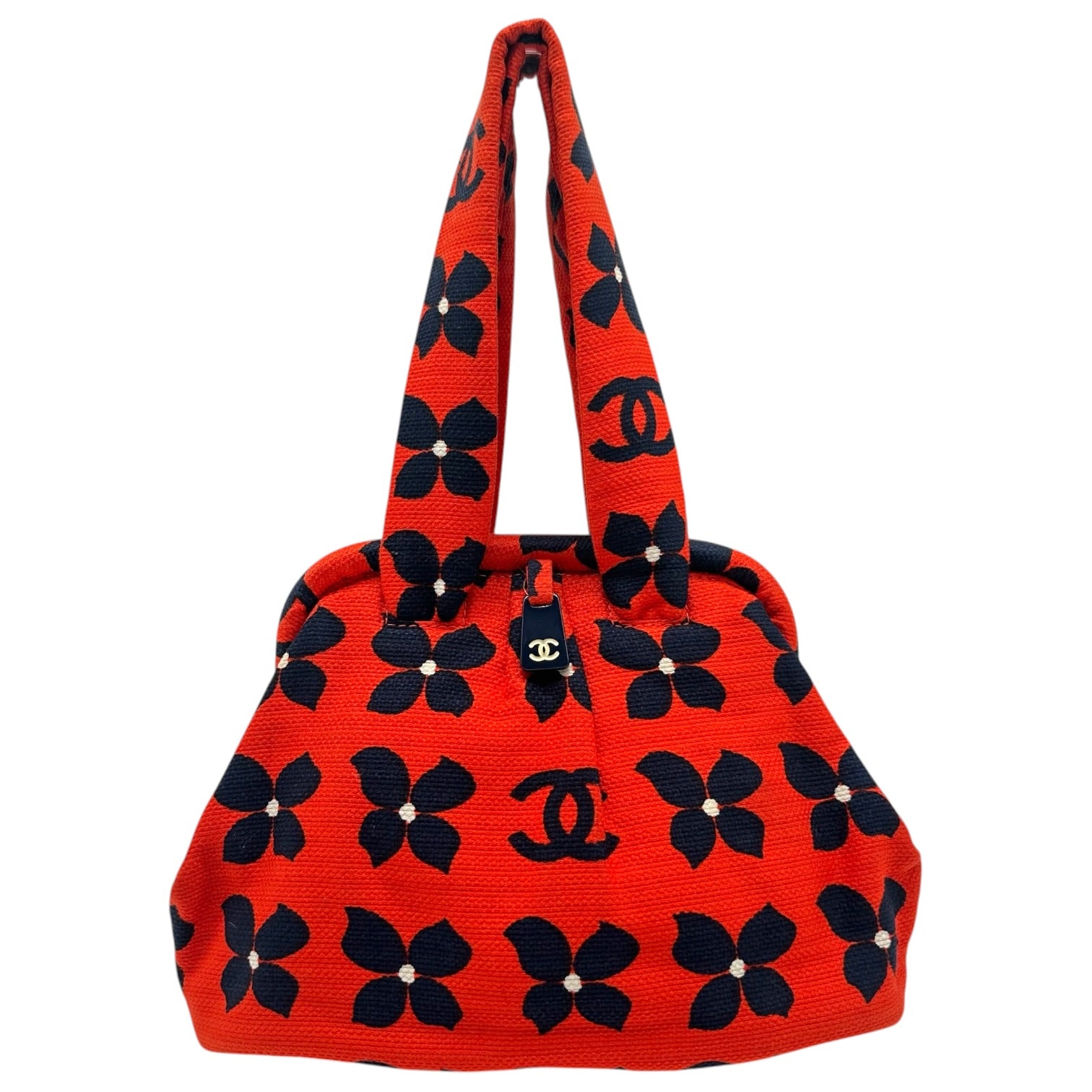 Chanel Kisslock Handbag Bright Red Navy Clover Print
