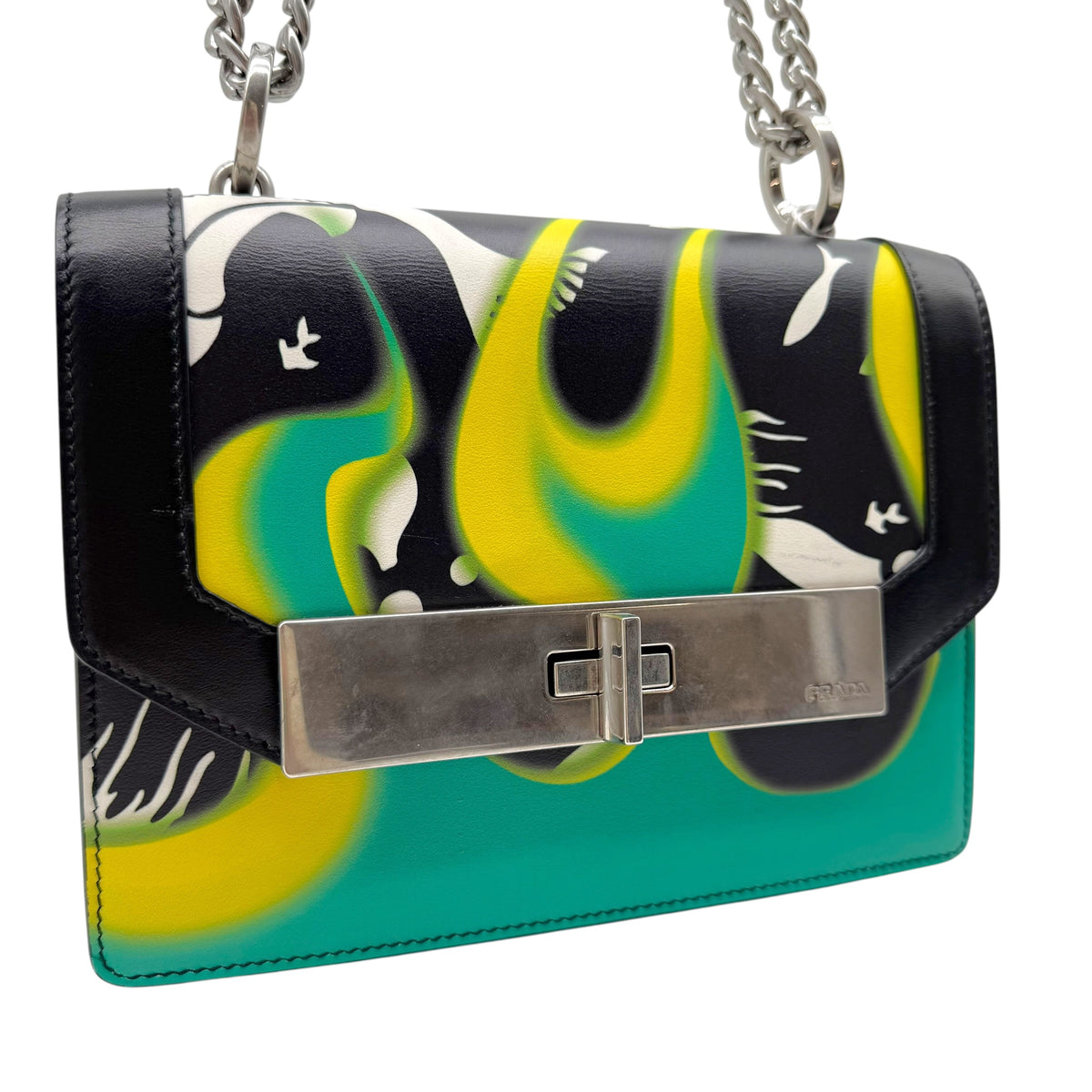 Prada Shoulder Bag Green Yellow Flame Print Leather