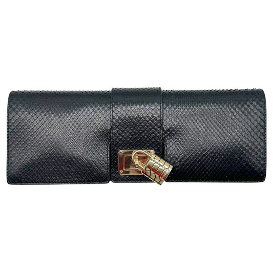 Roberto Cavalli Black Python East-West Padlock Clutch Bag