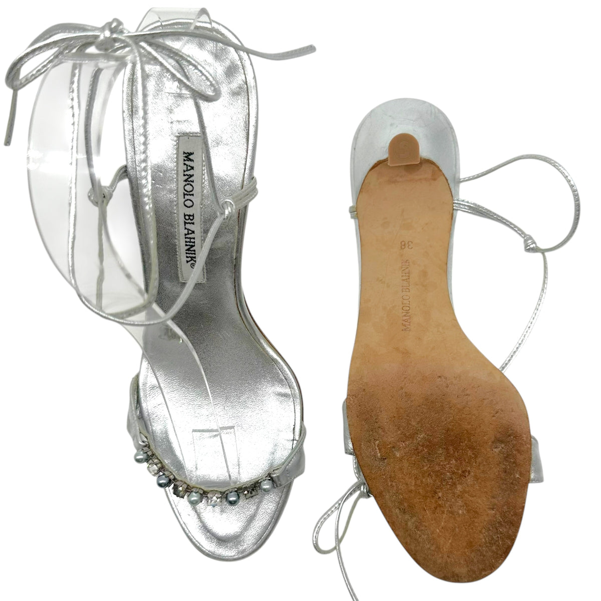 Manolo Blahnik Silver Crystal Pearl Strappy Wrap Heels
