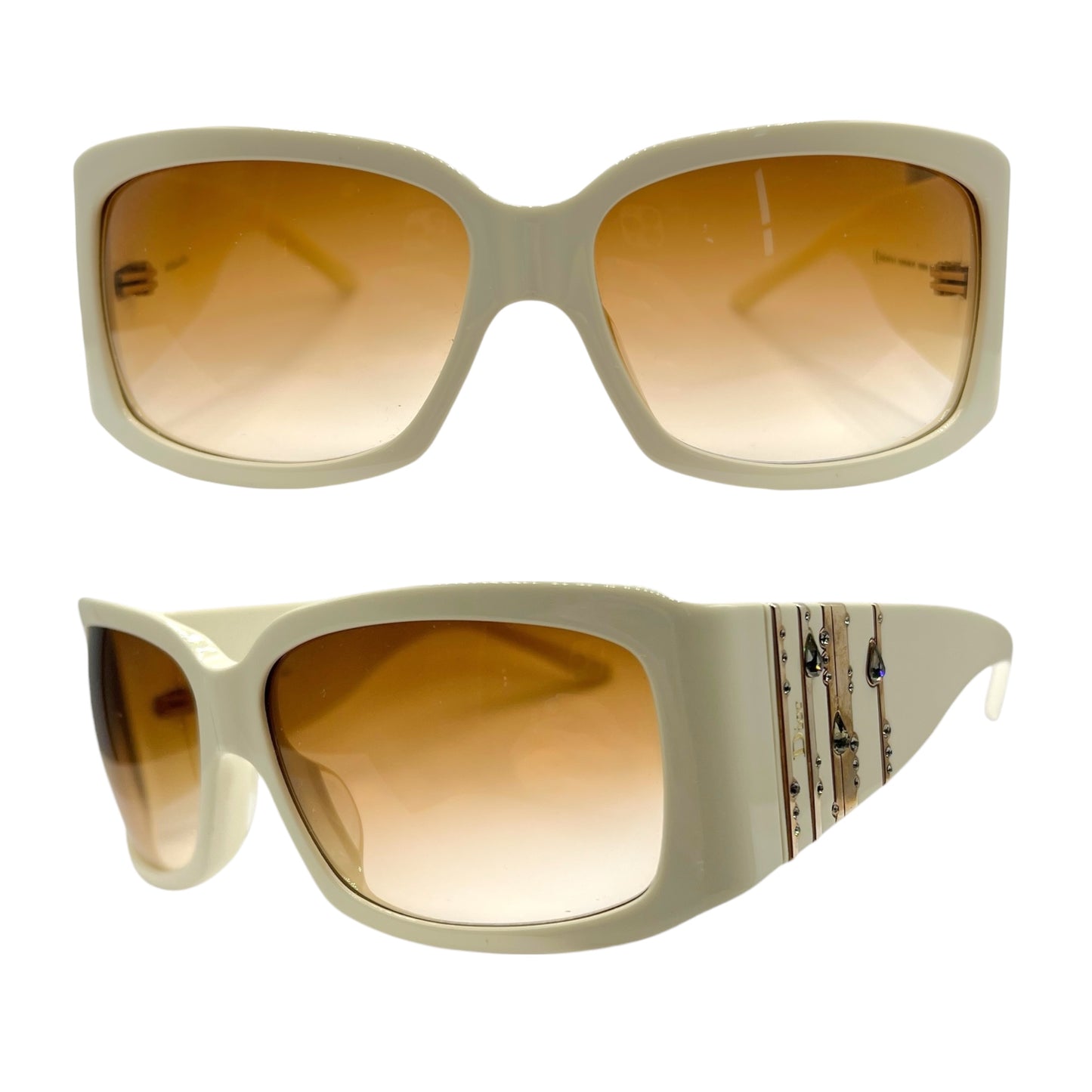 Christian Dior DiorRain1 Ivory & Gold Crystal Embellished Oversized Sunglasses w/ Case & Box