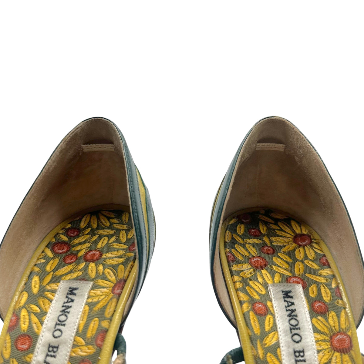 Manolo Blahnik Pointed Toe Pumps Dark Green Yellow Stripes
