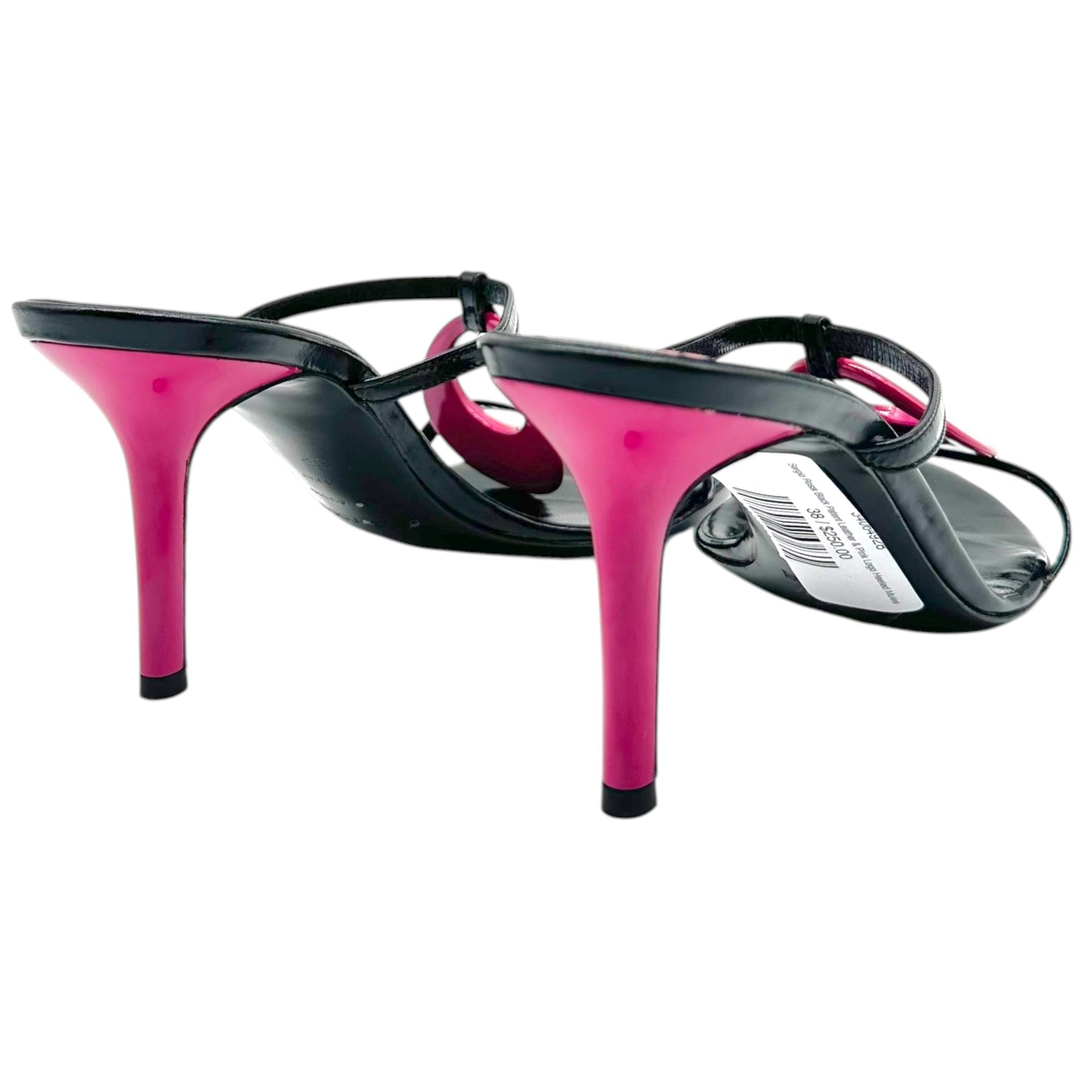 Sergio Rossi Black Patent Leather Pink Logo Heeled Mules