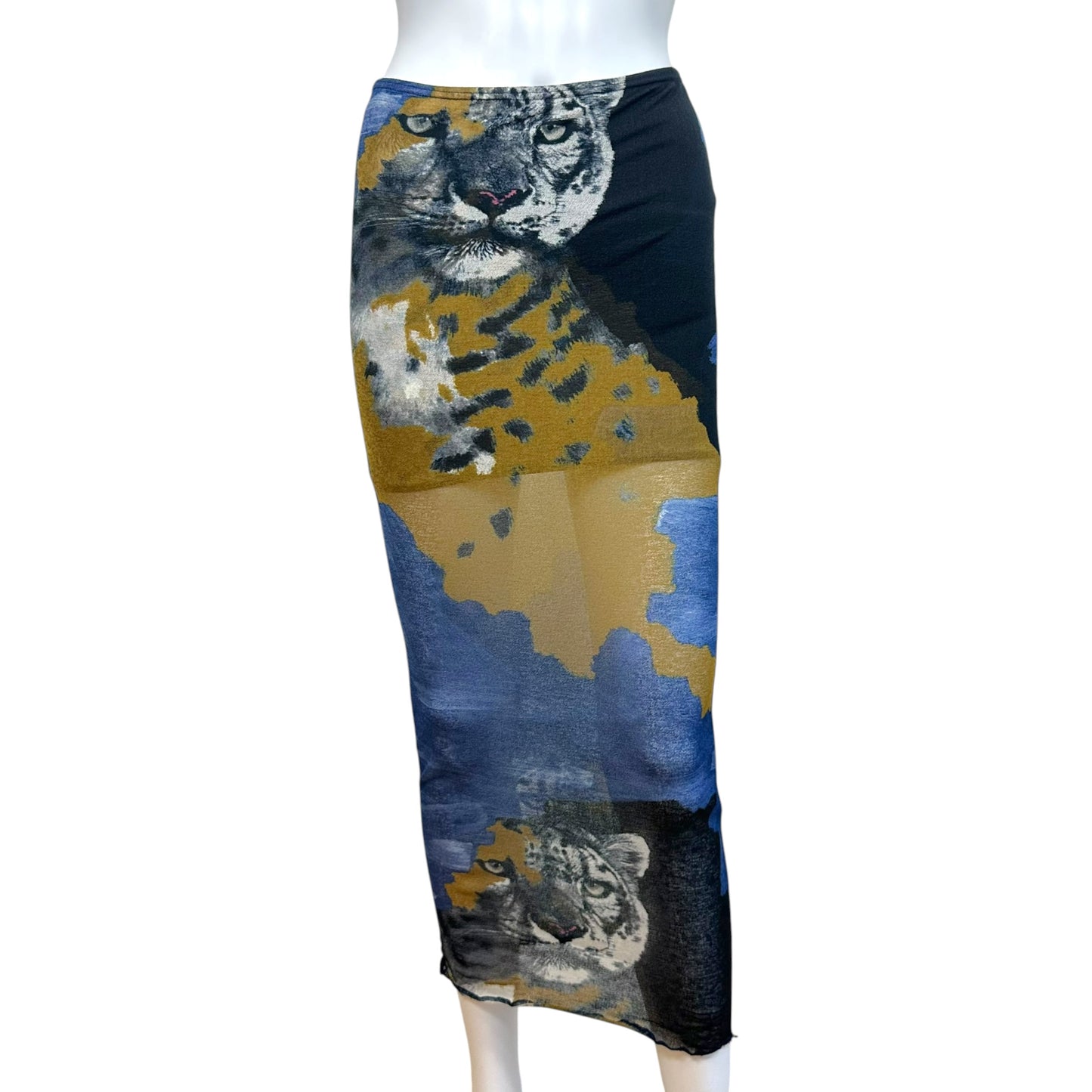 Jean Paul Gaultier Blue Tiger Print Mesh Maxi Skirt