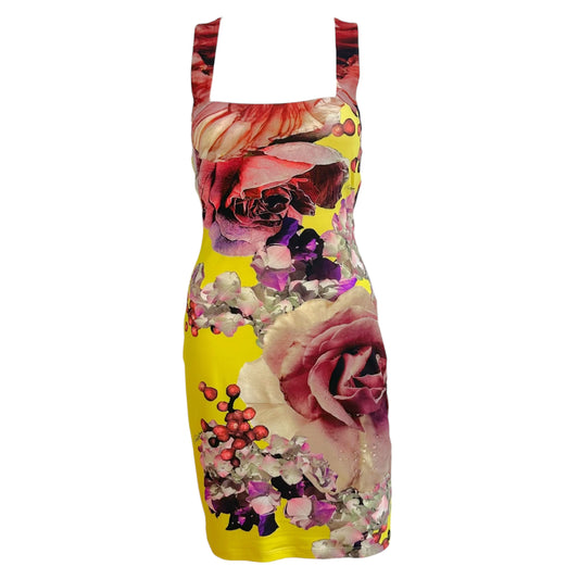 Roberto Cavalli Bright Yellow & Purple Floral Print Cross-Back Mini Dress