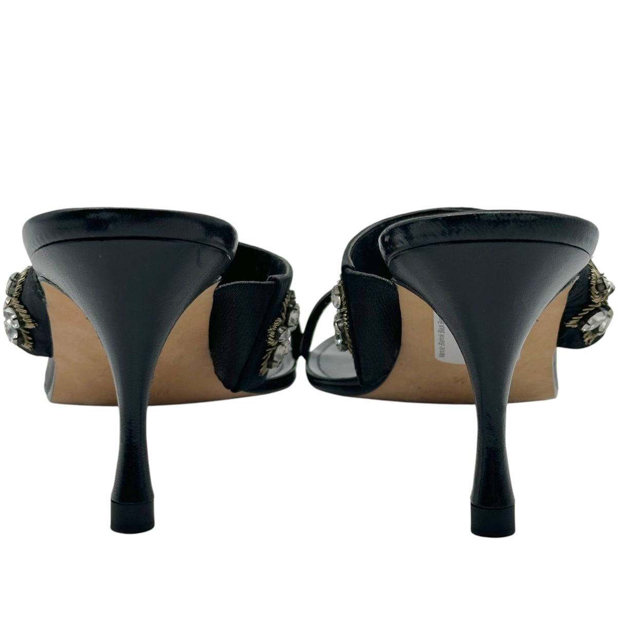 Manolo Blahnik Black Beaded Strap Kitten Heel Sandals