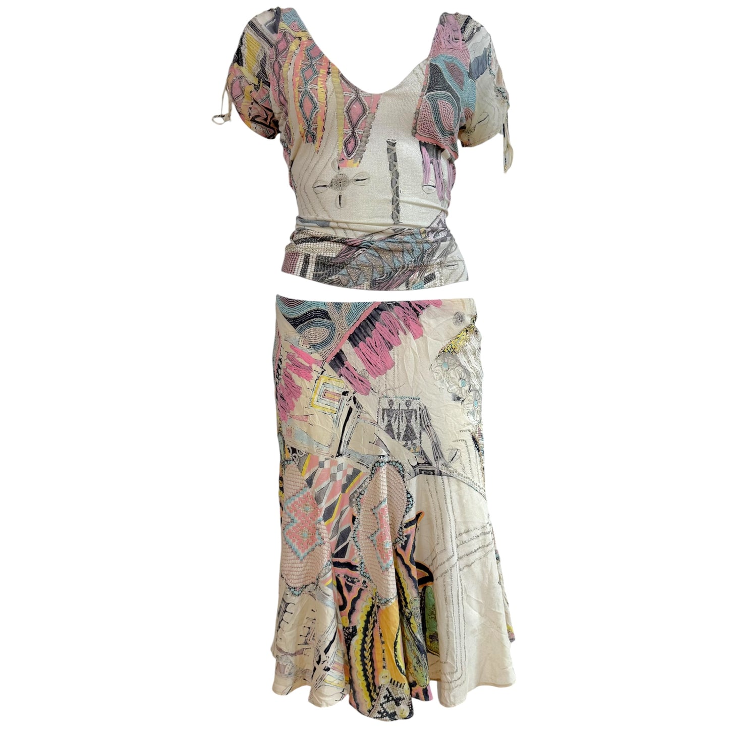Roberto Cavalli S/S 2003 Metallic & Pastel Printed Silk Blouse & Midi Skirt Set