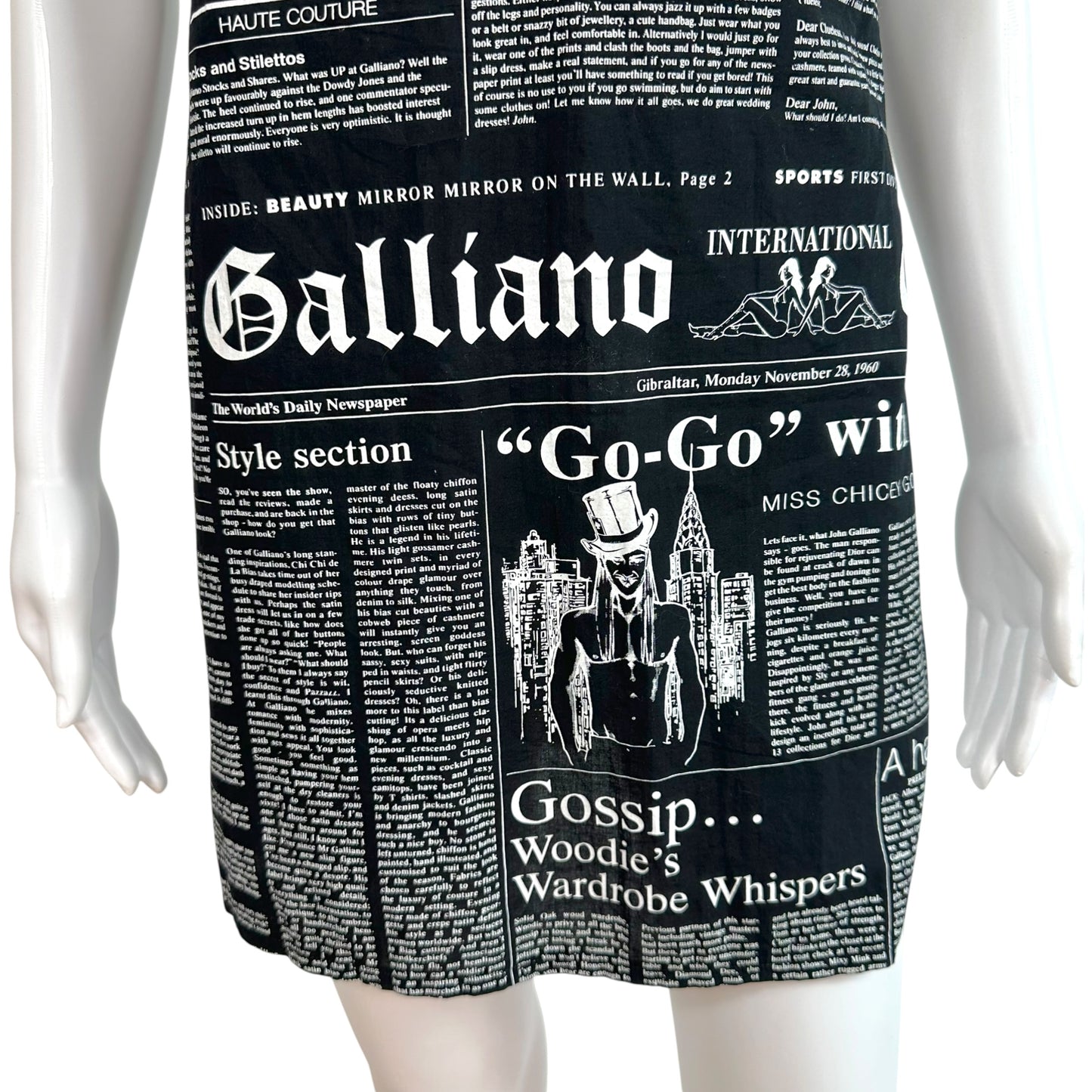 John Galliano Mini Shift Dress Black White Gazette Print