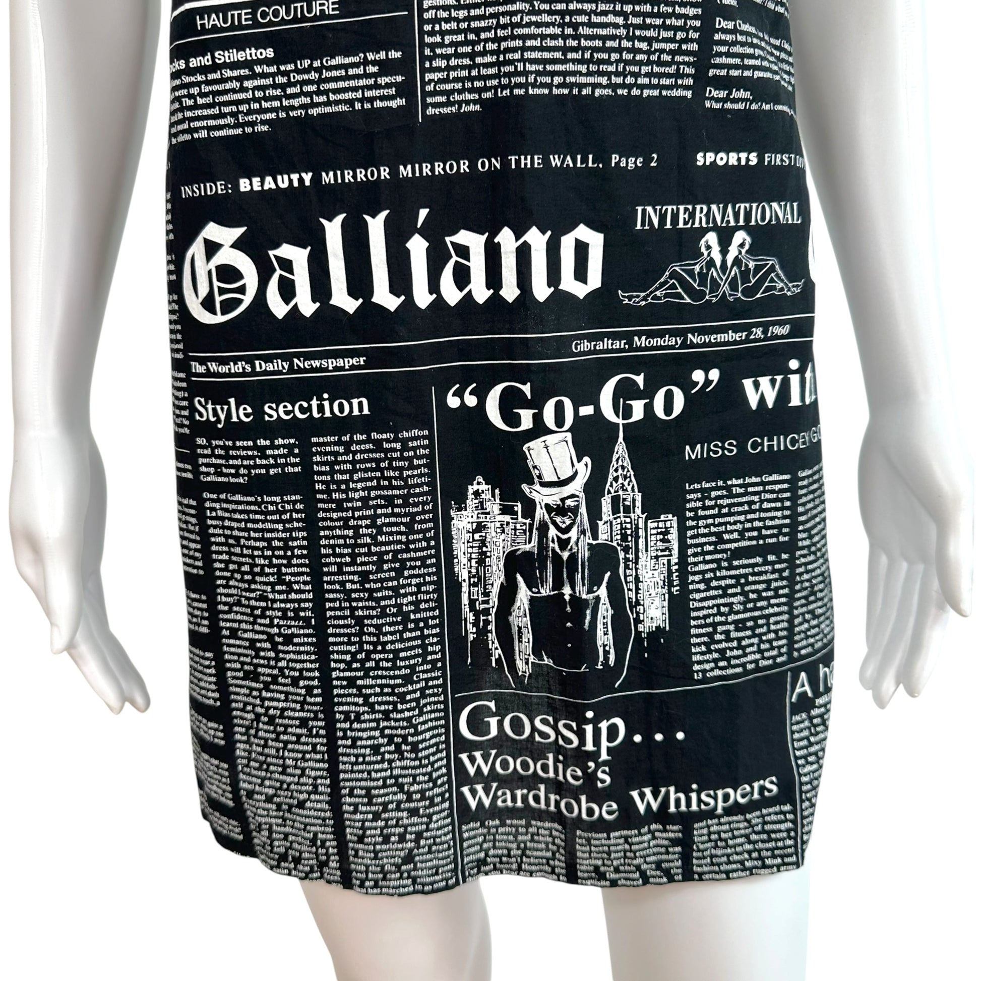 John Galliano Mini Shift Dress Black White Gazette Print
