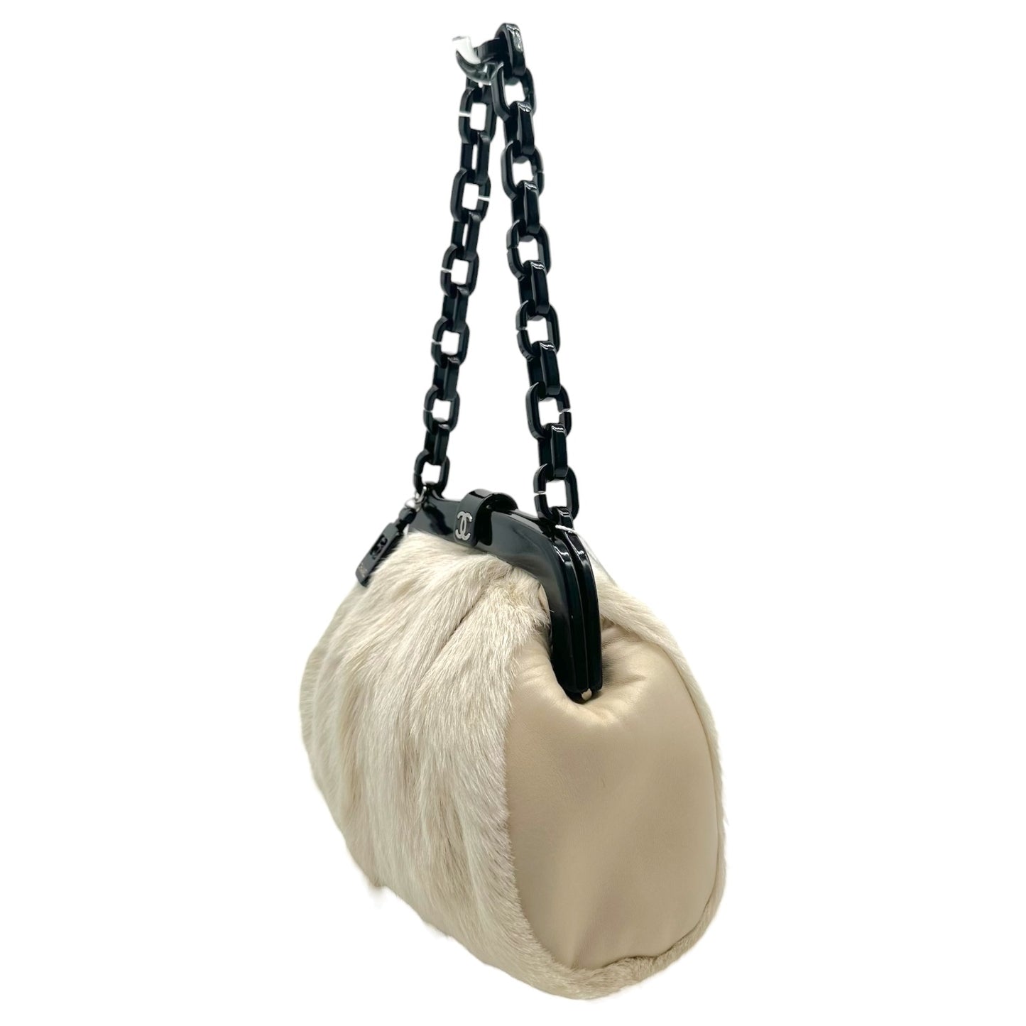 Chanel No.5 Ivory Fur & Black Resin Chain Strap Frame Shoulder Bag 2005-06
