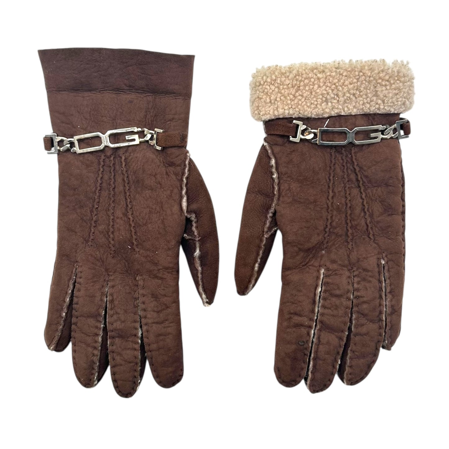 Dolce & Gabbana Brown Shearling Logo Hardware Gloves