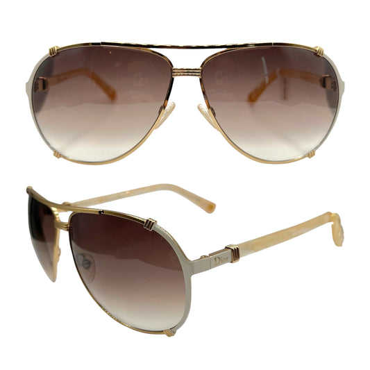 Christian Dior Gold & White Brown Lens Aviator Sunglasses DiorChicago2 w/ Case