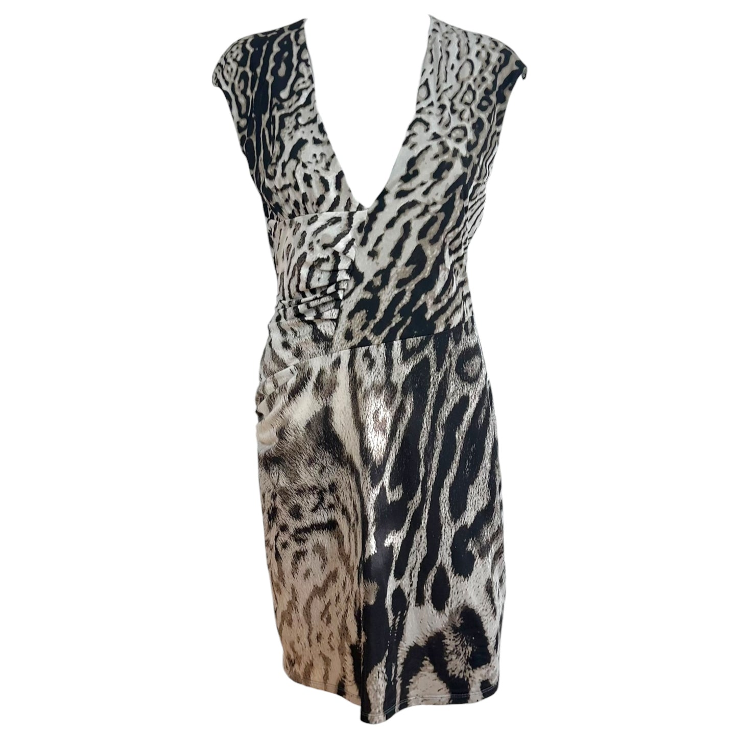 Roberto Cavalli Gray & Black Leopard Print Midi Dress