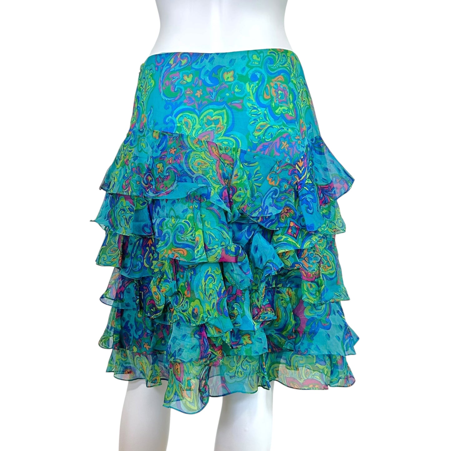 Ralph Lauren Black Label Turquoise Blue Paisley Print Silk Tiered Midi Skirt