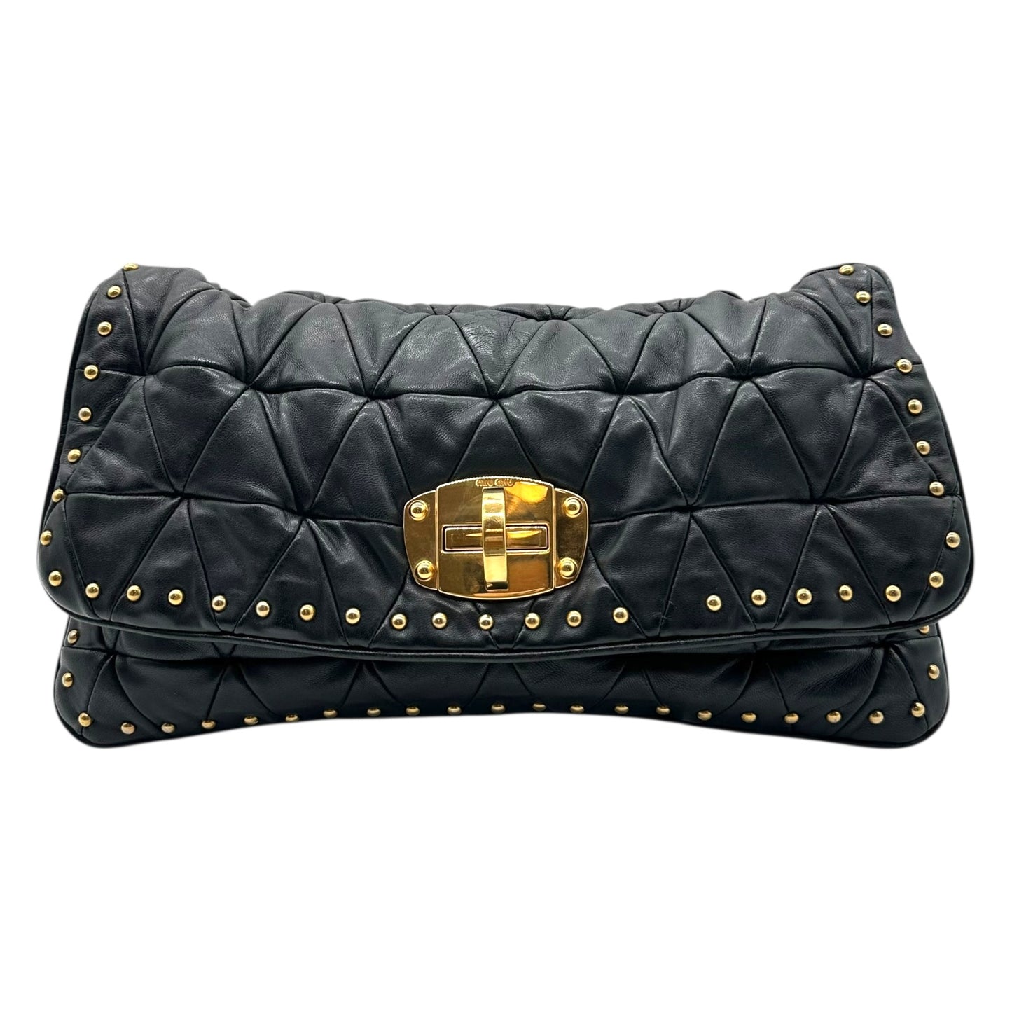 Miu Miu Black Leather & Gold Studs Quilted 2-Way Shoulder Clutch Bag - Outfit Repeater